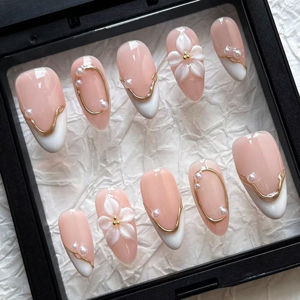 Spring Press On Nails MAGLFELL Handmade Almond Fake Nails, 3D Carving Floral and Pearl Design,10 Pcs Reusable ABS Material Acrylic Fingernail Tip Salon Artificial Nails Kit (Size M)