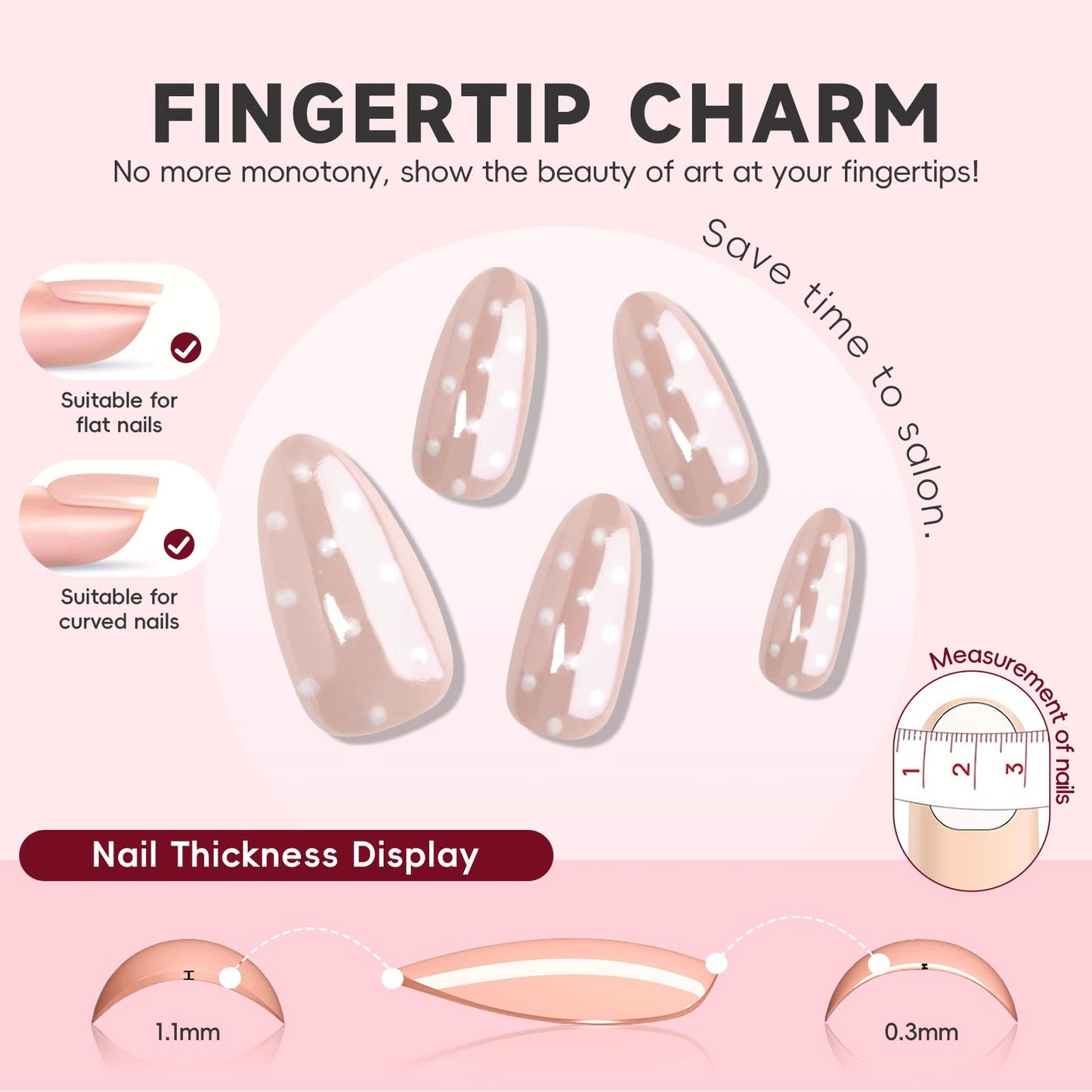 HOSAILY Chrome Polka Dot Press on Nails Medium Almond, 30pcs Handmade Nude Pink Glaze Aurora Fake Nails with Iridescent Shimmer Design, Glossy Elegant Pretty Daily Wear Valentine Press ons for Women
