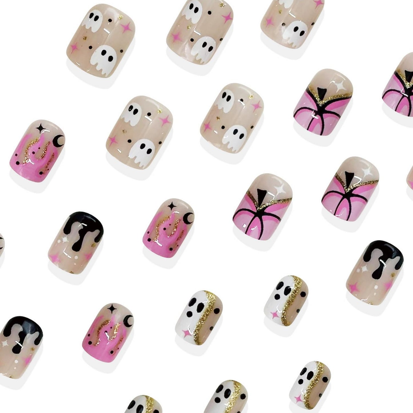 Pink Press on Nail Halloween Short Square Fake Nails Full Cover Cute Glue on Nails Pumpkin Blood Ghost designs Acrylic Gold Glitter Stick on Nail Reusable Halloween False Nails for Women Party24pcs