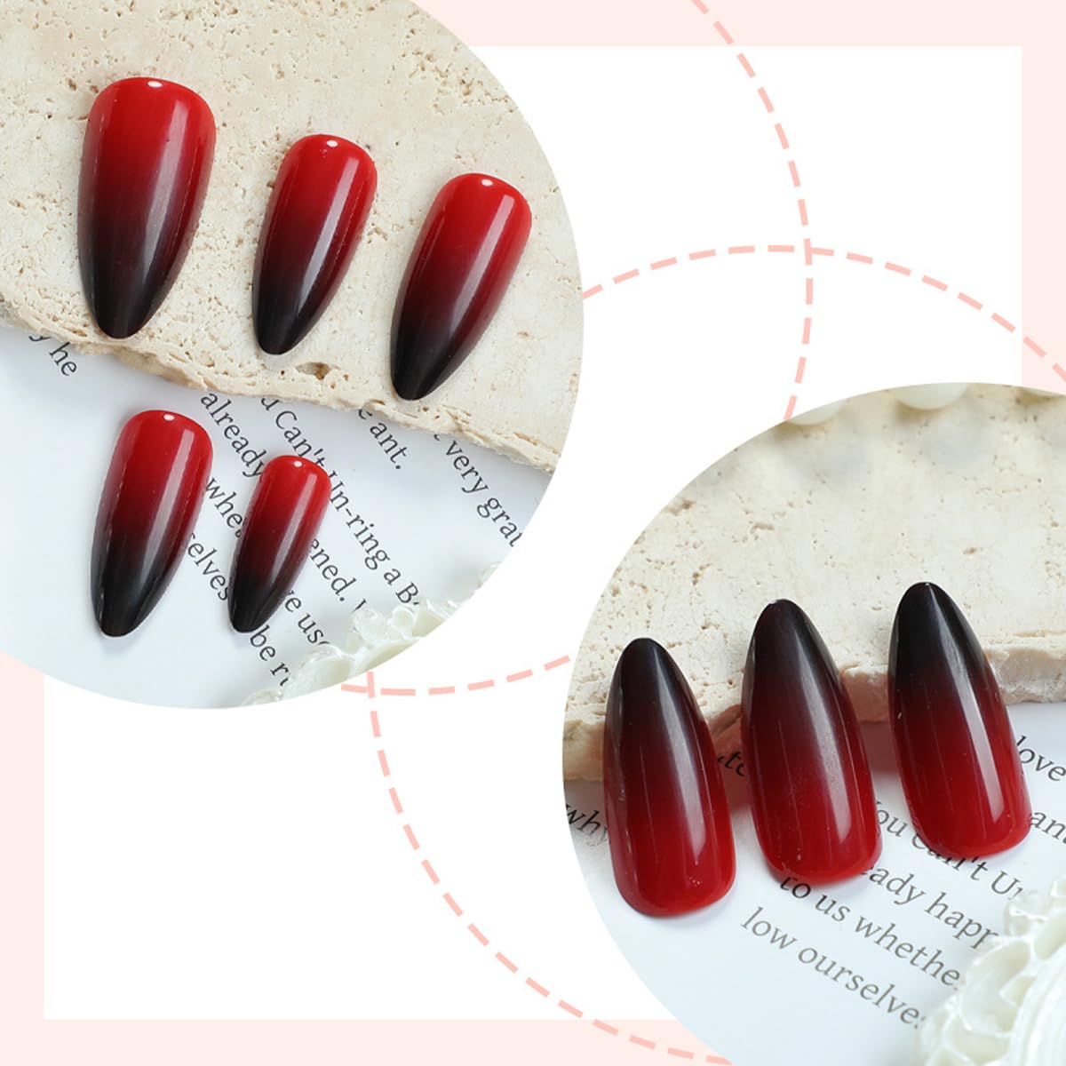 Ombre Press on Nails Medium Almond Fake Nails, Black Red Gradient Glossy False Nails, Reusable Stick on Nails for Women Manicure 12 Sizes - 24 Pcs