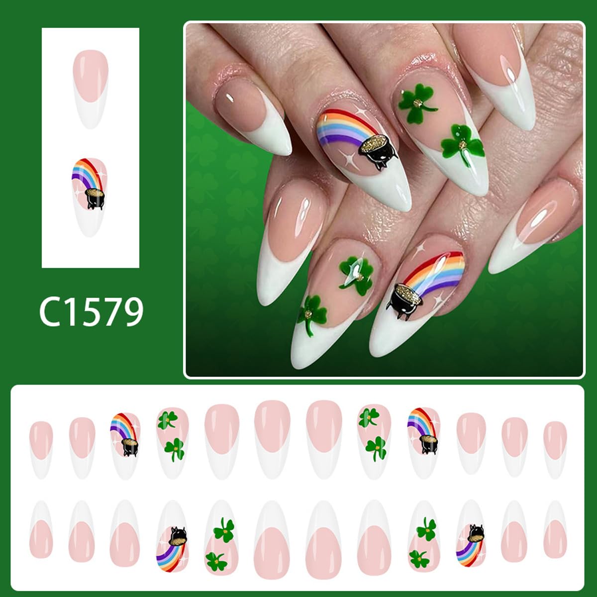 St. Patrick's Day Press on Nails - Short Almond Fake Nails Press ons with Shamrock Rainbow Designs, White French Tip Nails Glossy Acrylic Nails Full Cover Glue on Nails for Women Manicure 24Pcs