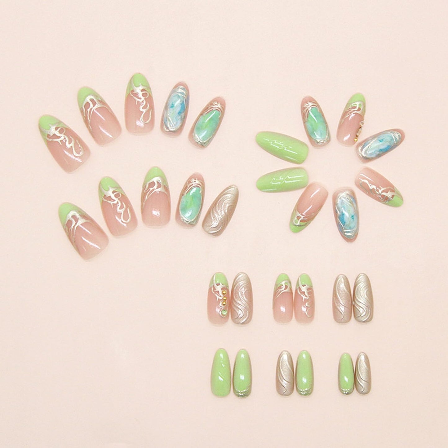 30Pcs Chrome Gold Press on Nails Medium Almond Green French Tip Fake Nails with 3D Rhinestone Design Gold Irregularity Line False Nails Nude Glossy Full Cover Gilded Artificial Glue on Nails for Women