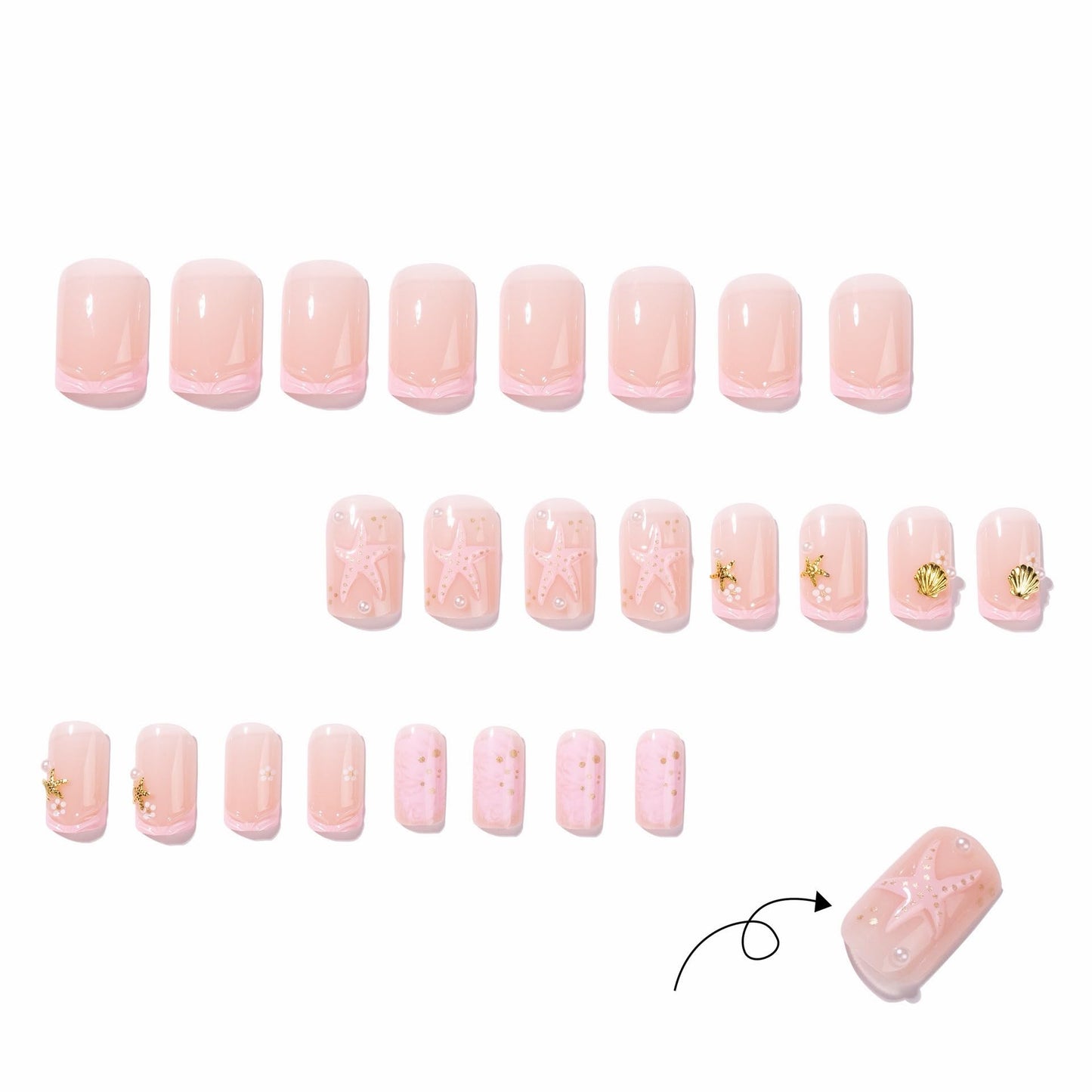 CTTHNBD Short Press on Nails Square - Summer Fake Nails with Starfish Shell Design - Pink False Nails Press ons - for Women 24 Pcs