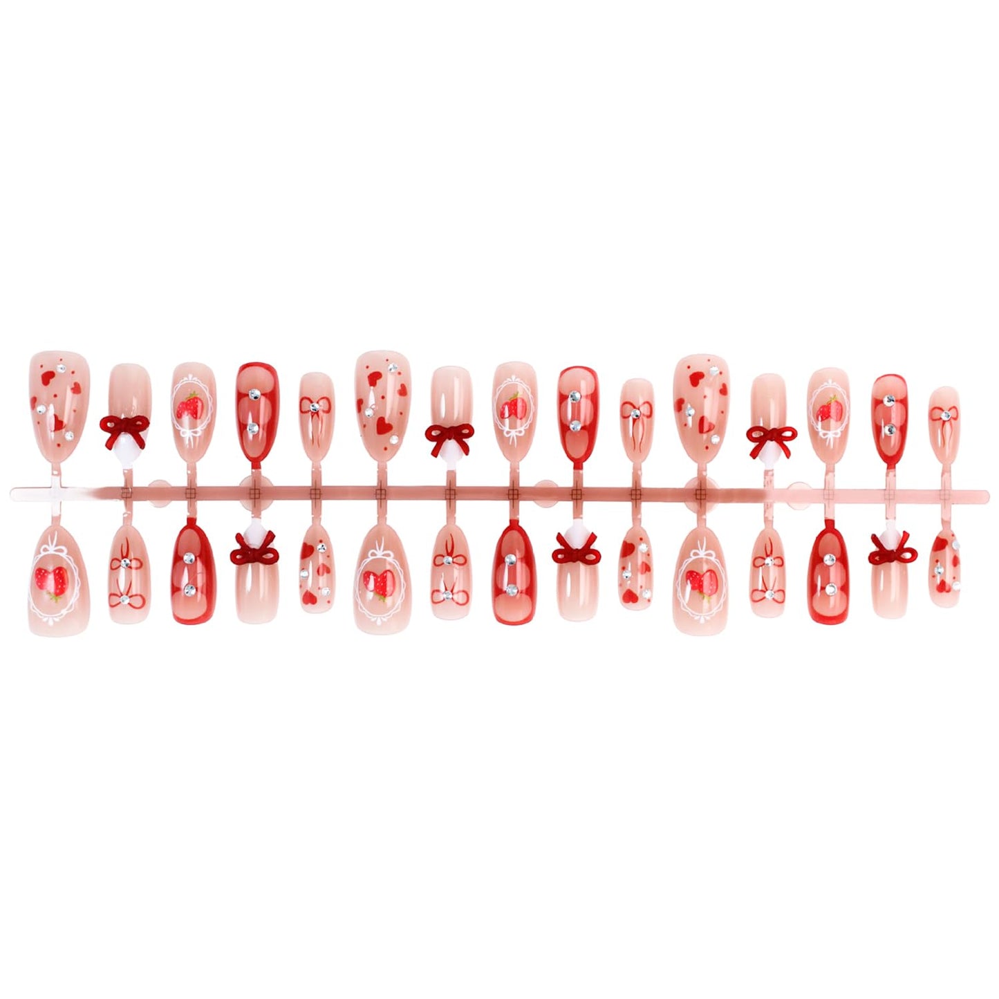 30Pcs Valentines French Tip Press on Nails Medium Almond Fake Nails with 3D Rhinestone Bow Designs Red Heart Strawberry False Nails Nude Glossy Full Cover Holiday Artificial Acrylic Nails for Women