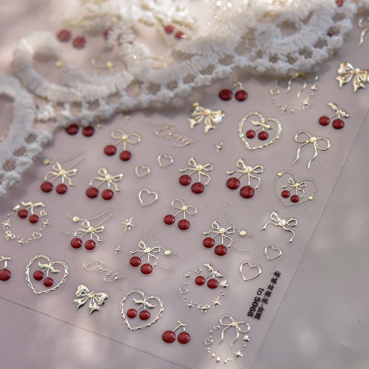 Phuryllic 3D Nail Stickers for Nail Art, Embossed Self-Adhesive Cute Nail Charms & Decals for DIY Nails, Easy-to-Apply Nail Design Supplies & Accessories for Home Manicure-Cherry for Valentine's Day