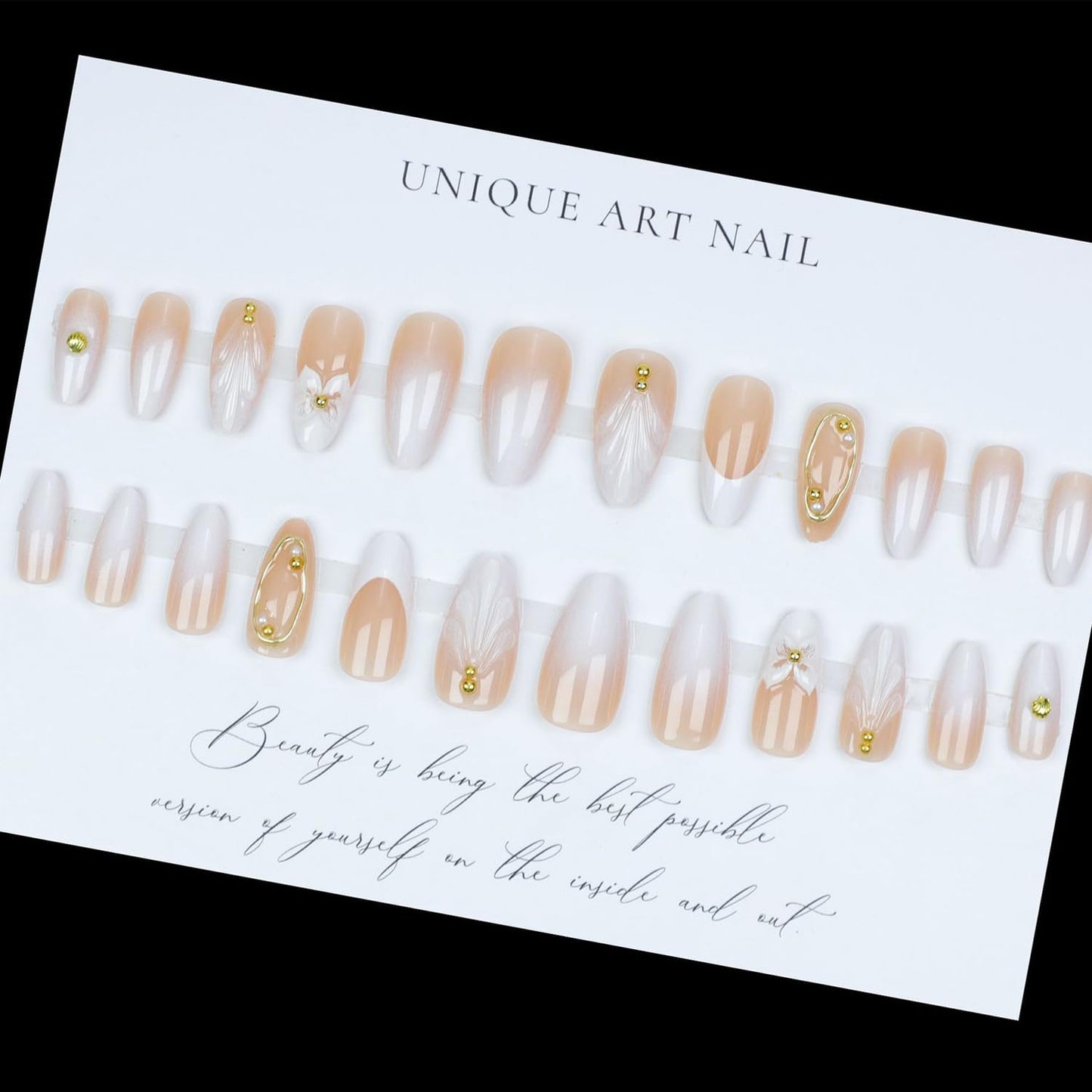 White French Press on Nails with Medium Almond Fake Nails Gold Steel Beads Design French Gradient Nails Press ons Flower Stick on Nails Glossy Full Cover Stick on Nails for Women Daily Wear 24Pcs