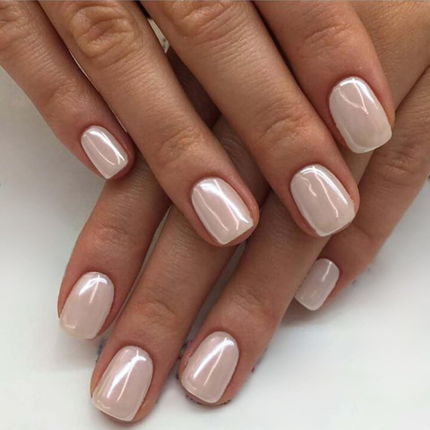 GLAMERMAID Press on Nails Extra Short Squoval, Handmade 2 Packds Pearl & Fluorescent Pink Jelly Gel Glue on Nails