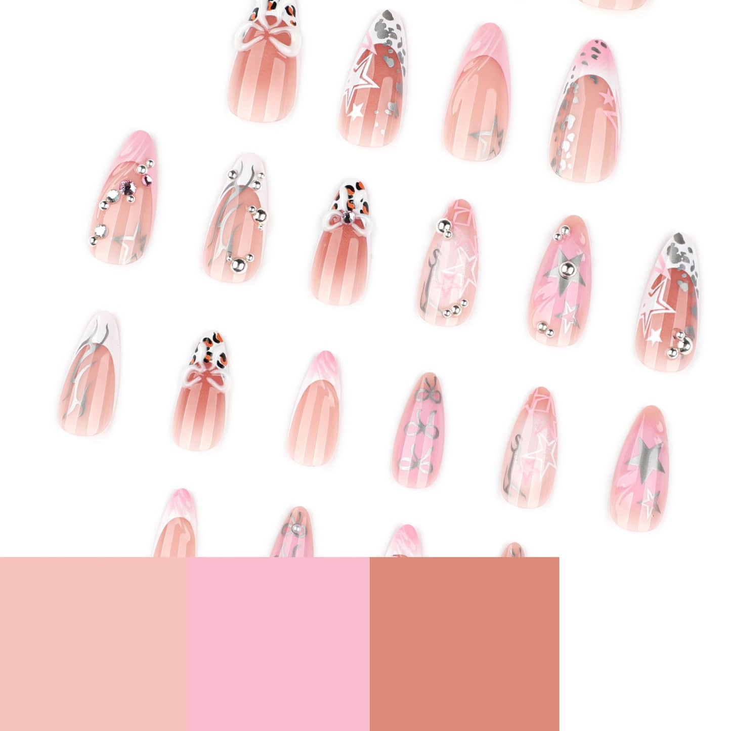 24Pcs Leopard Print French Tip Press on Nails Short Almond Fake Nails with 3D Rhinestone Design Star Bow False Nails Nude Glossy Full Cover Y2K Stars Bow-Knot Artificial Stick on Nails for Women