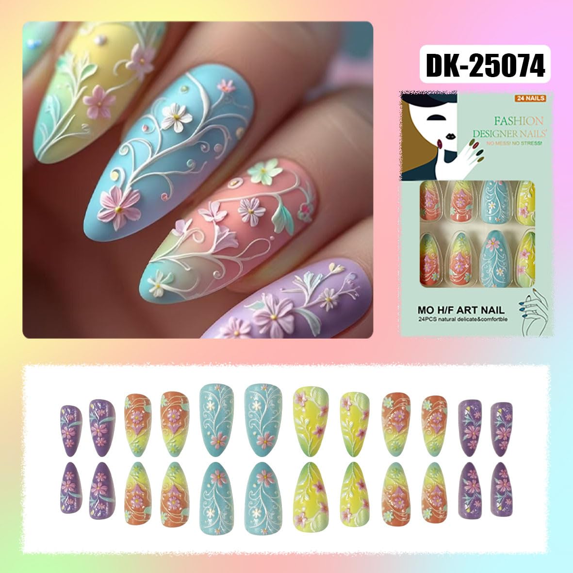 24Pcs Medium Almond Fake Nails Floral Macaron Press on Nails with Colorful Flowers Designs Spring Summer Nails Glue on Acrylic False Nail Full Cover Glossy Stick on Nail for Women Manicure Kit