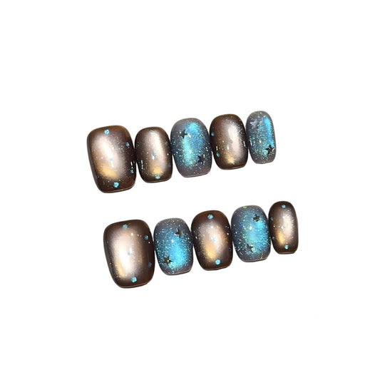 Brown & Blue Galaxy Cat Eye Press On Nails - Starry Sky Design with Rhinestones, Short Oval Shape, Reusable False Nails (L)