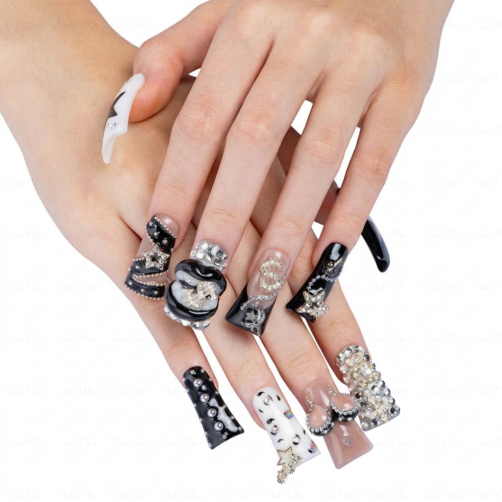 IntoVibes 10 Pieces Luxury Acrylic Press On Nails Long Handmade Duck Nails, White And Black Thickened False Nails, Exaggerated Lips And 3D Dollar Sign, Reusable Fake Nails, Acrylic Nails (L)