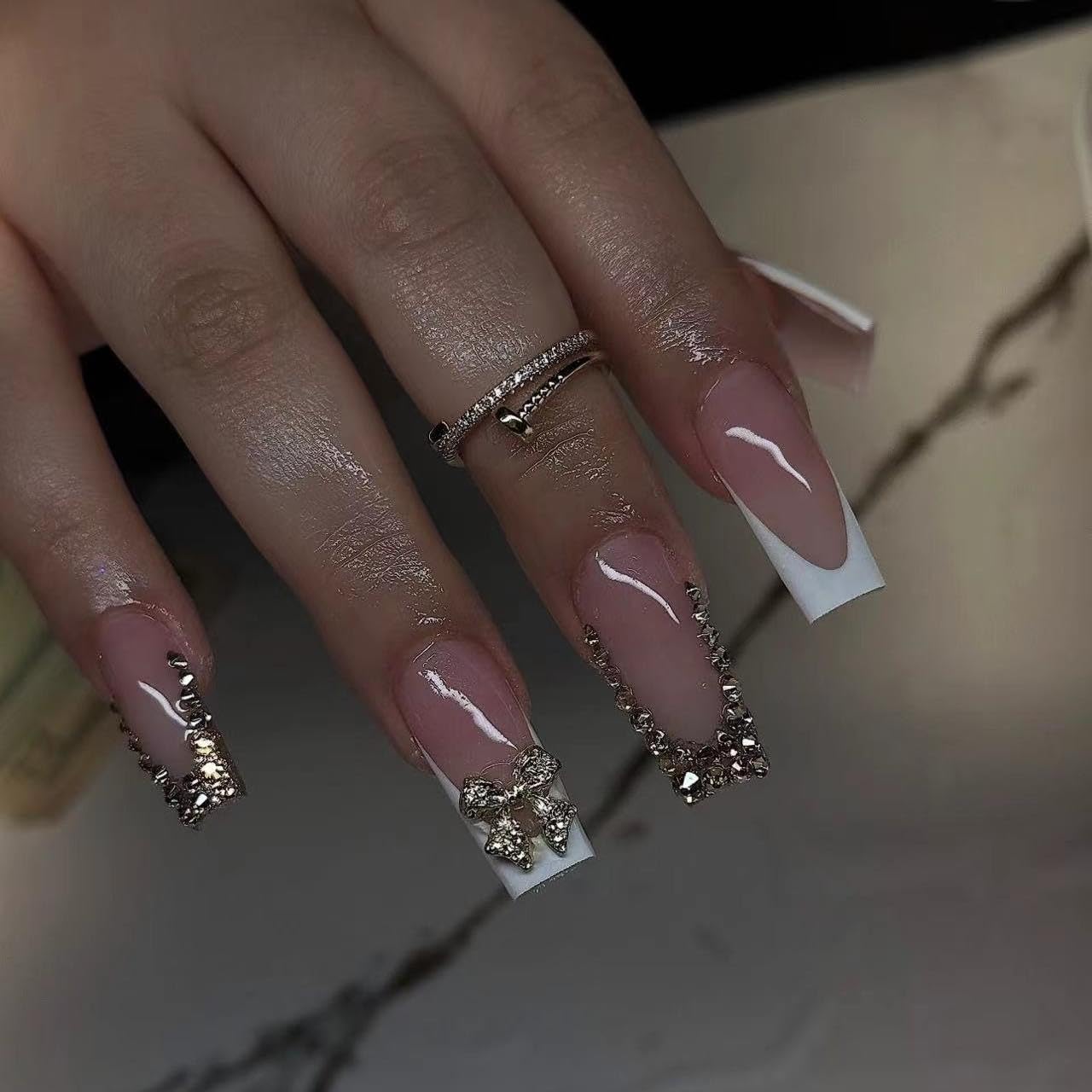CTTHNBD Press on Nails Square - Medium Fake Nails with Bow Design - Rhinestone, French Tip False Nails Press ons - for Women 24 Pcs