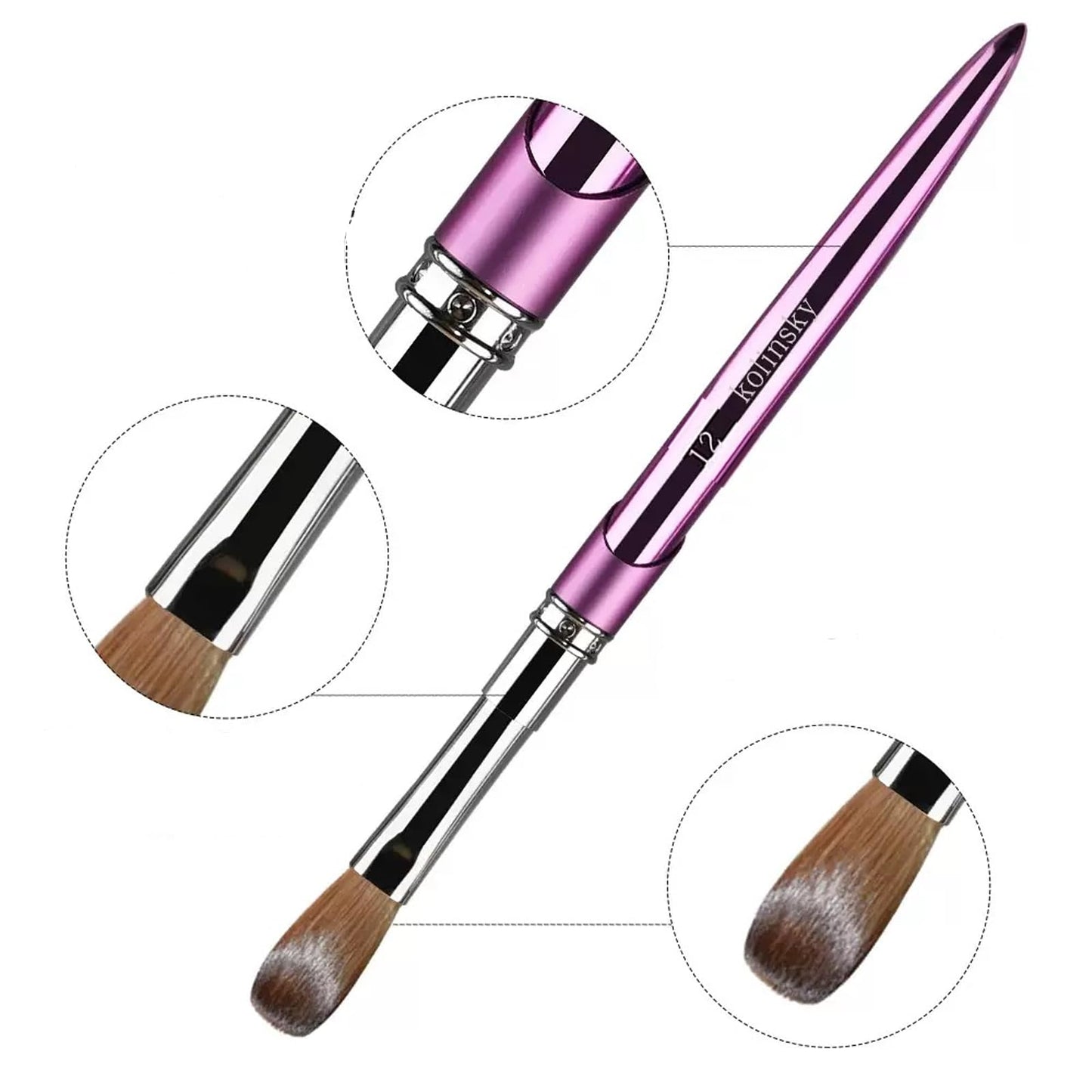 100% Pure Kolinsky Acrylic Nail Brush Size 12, Hair Acrylic Crystal Chrome Purple with Silver Ferrule Round Shaped for Women Girls Manicure Tools Accessories