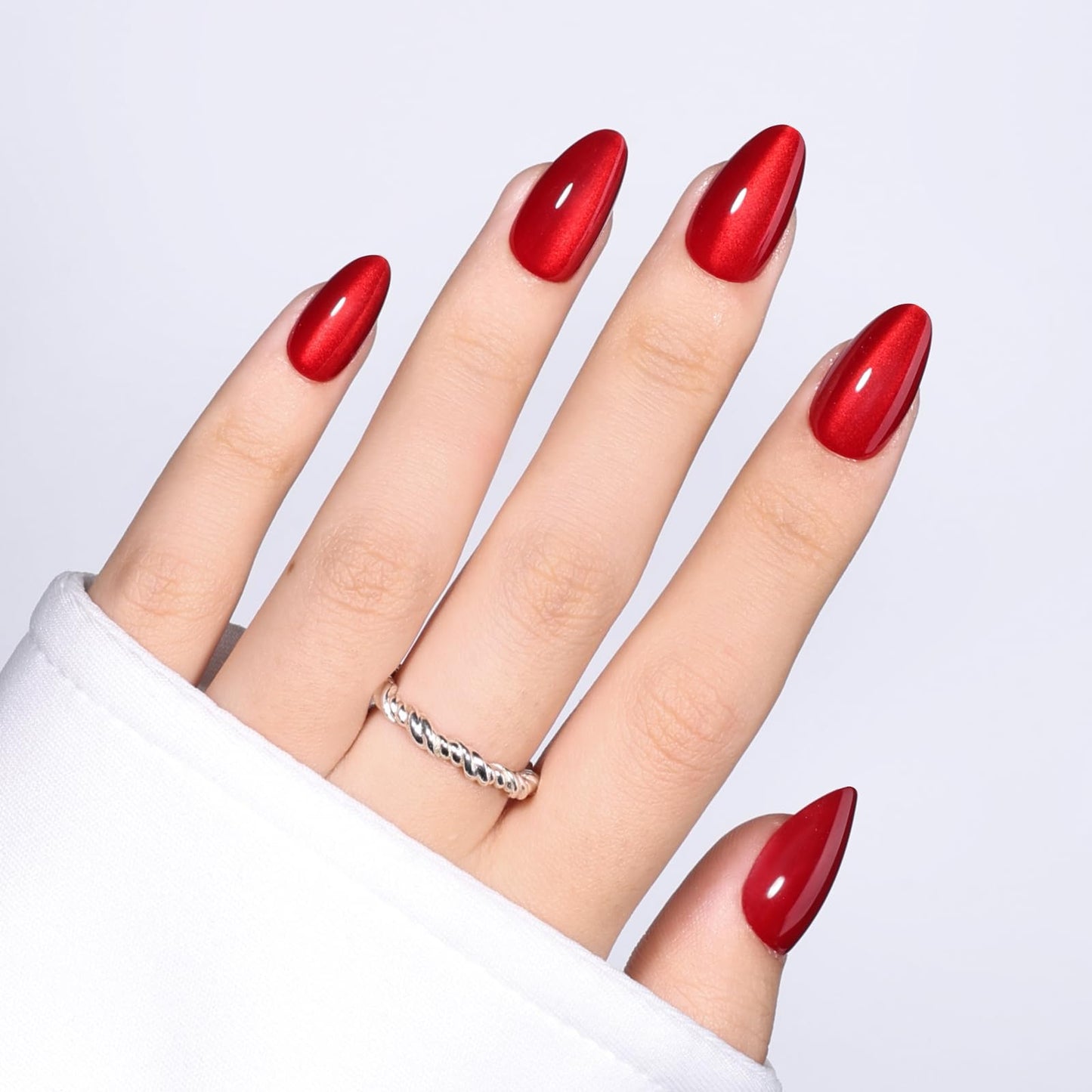 Cherry Red Cat Eye Press on Nails - Short Almond Press On Nails Press Ons for Women Red Fake Nails with Glue, Glossy Reusable Glue on Nail in 16 Sizes - 32pcs