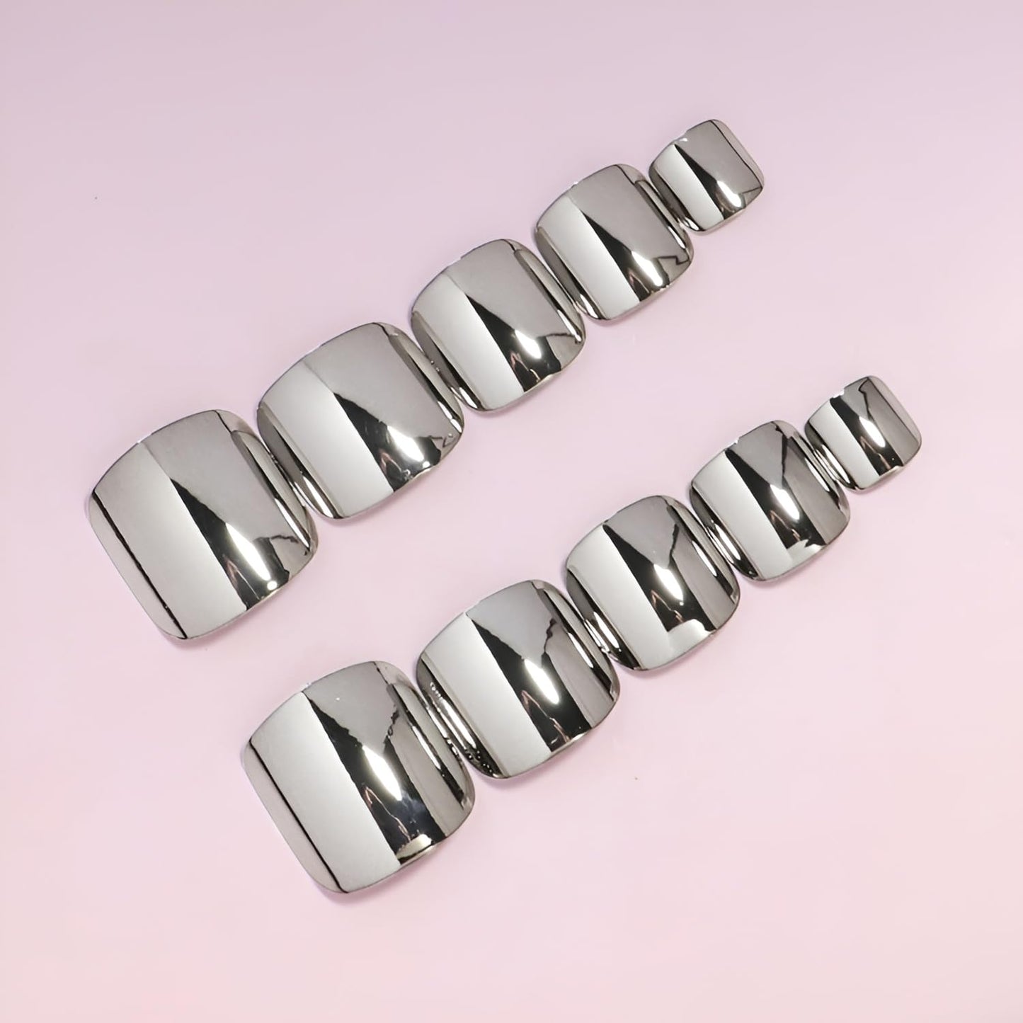 Silver Press on Toenails Square Fake Toe Nails Chrome Toenail Press ons Metal False Toenails Glossy Full Cover Acrylic Glue on Toe Nails Reusable Stick on Toenail for Women Decorations 24Pcs