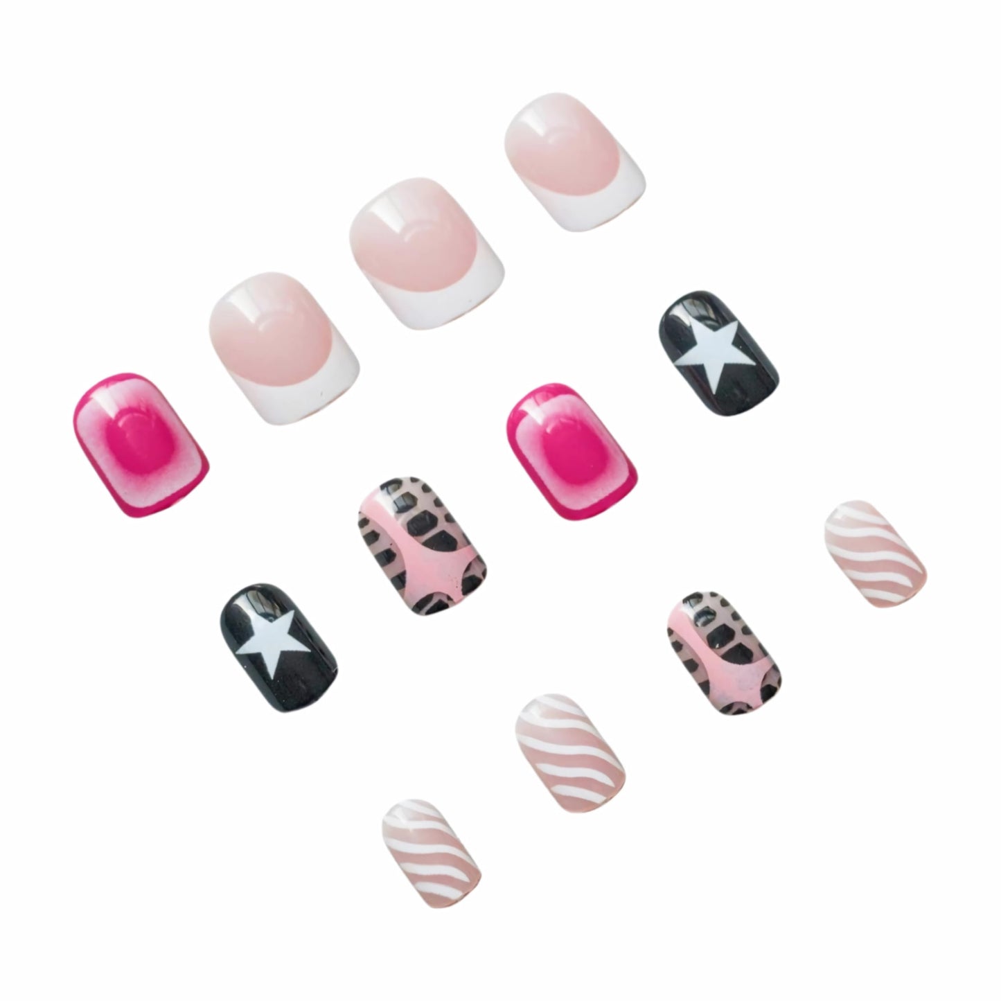 BABALAL Acrylic Press on Nails Short Square Fake Nails Pink Black Glue on French Tip Star Y2k False Nails with Design Press-ons 24Pcs Cute Squoval Artificial for Women Girls