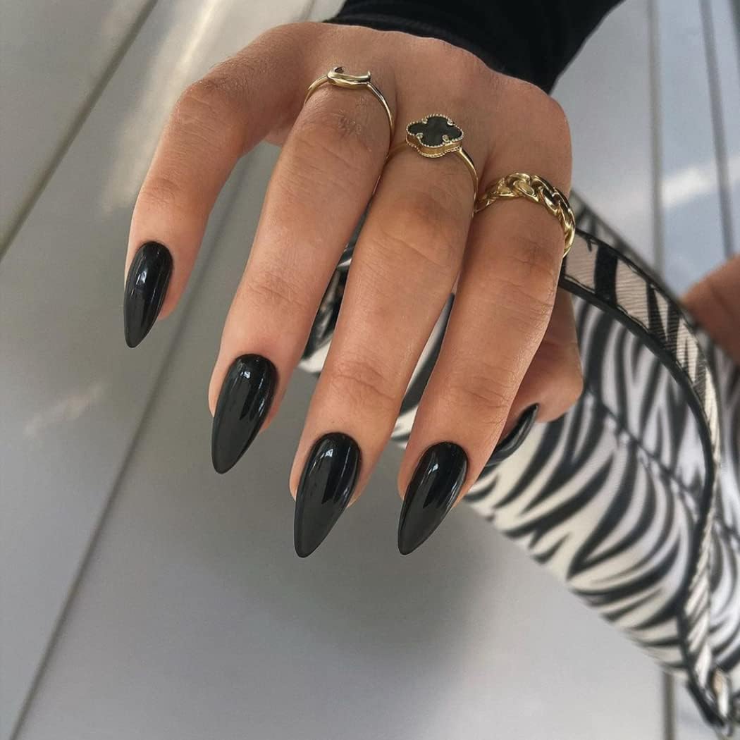 KQueenest All Black Press on Nails Medium Almond Stiletto, Pure Color Acrylic Nails Reusable Fake Nails Press on Feature Protective UV Coating, Short Almond Nails for Women Gift in 24 Pcs