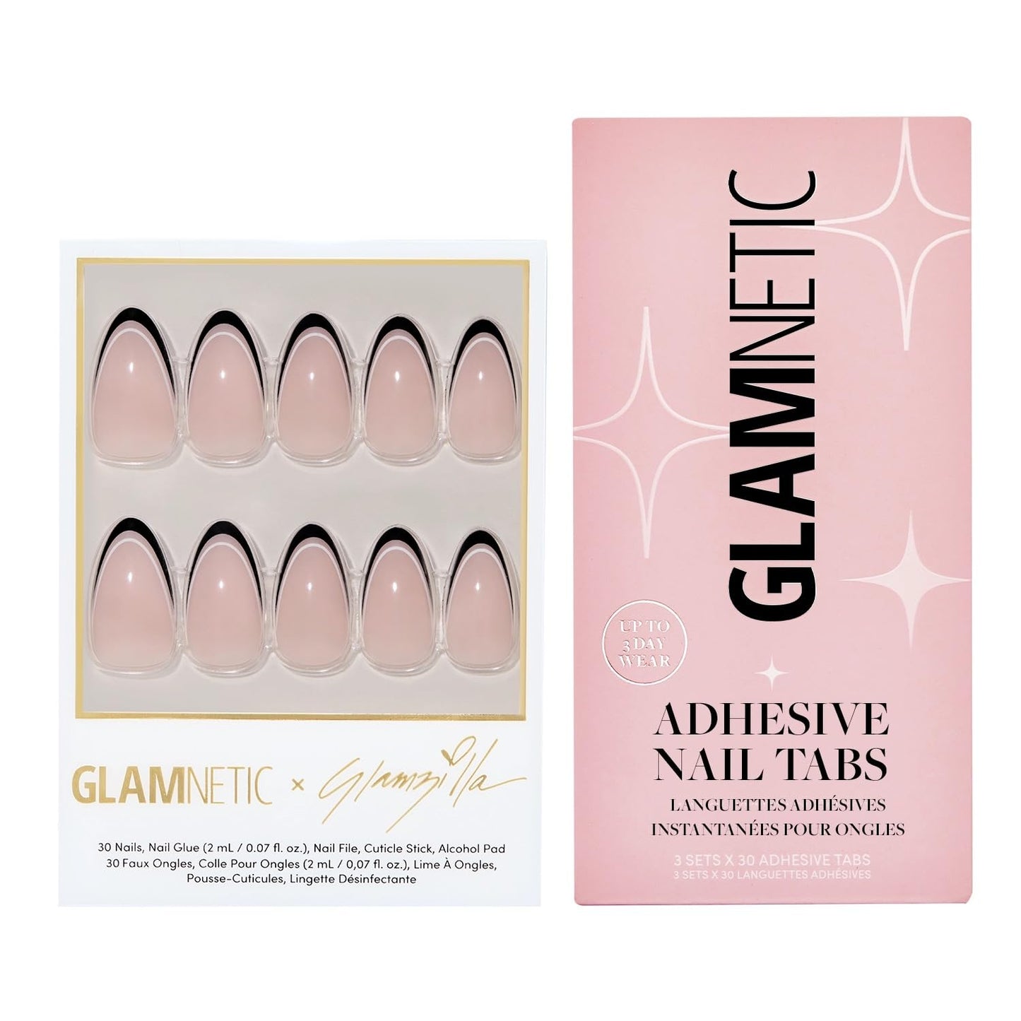 Glamnetic x GLAMZILLA Press-On Nails & Adhesive Nail Tabs - NO IN BETWEEN | Short Almond Fake Nails, Black & White Micro French Tips | 15 Sizes - 30 Nail Kit with Adhesive Tabs