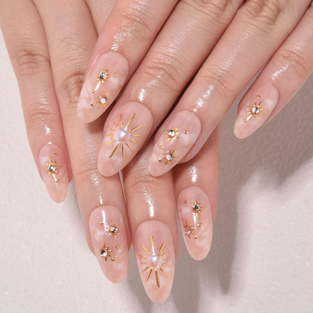 evpct 3D Nude Bohemian Design Press on Nails Medium Almond No Glue, Nude Gold Star Glossy Stick on Nails for Women with Kit, Reusable Soft Stick on Fake Nail with 3D Gold Stars Designs Perfectly Fit