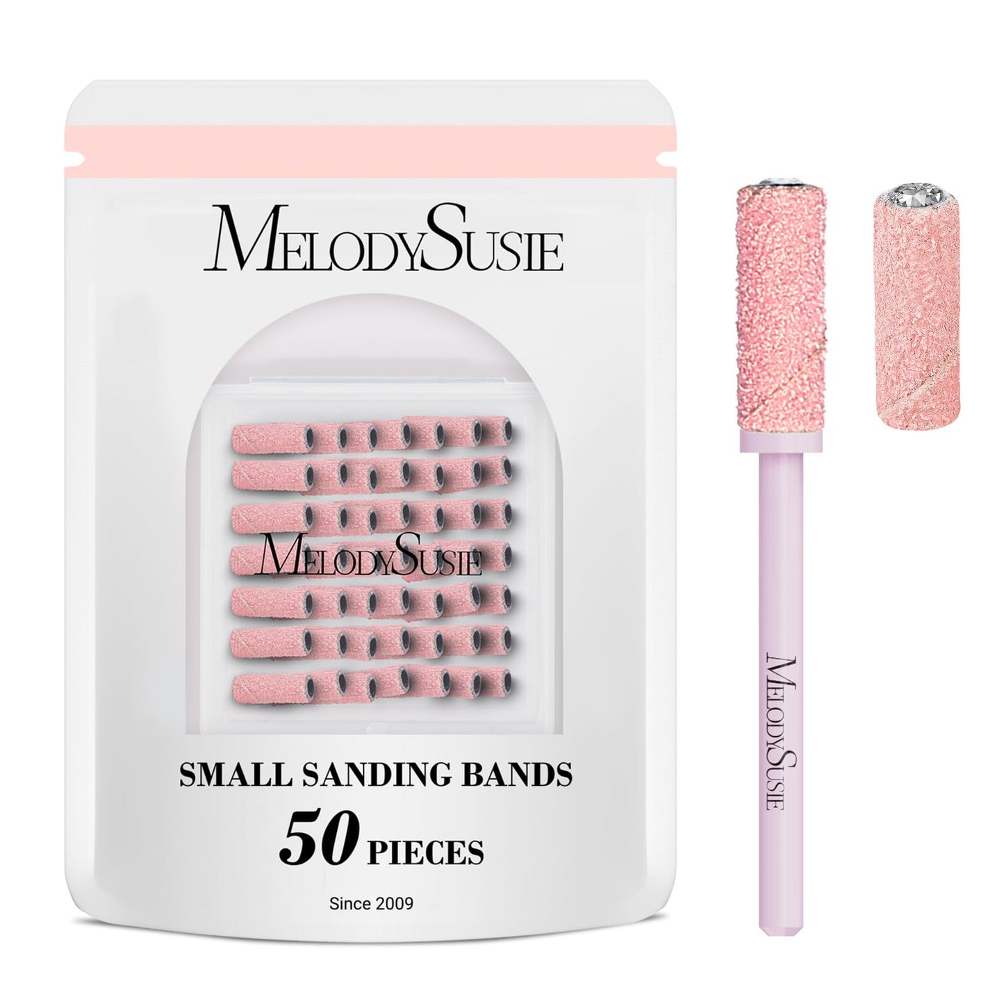 MelodySusie 50 Pcs Nail Drill Bits Small Sanding Bands with 3.1mm Mandrel Bit, 120 Medium Grit Nail File for Acrylic Nails Gel Manicures and Pedicure, Pink