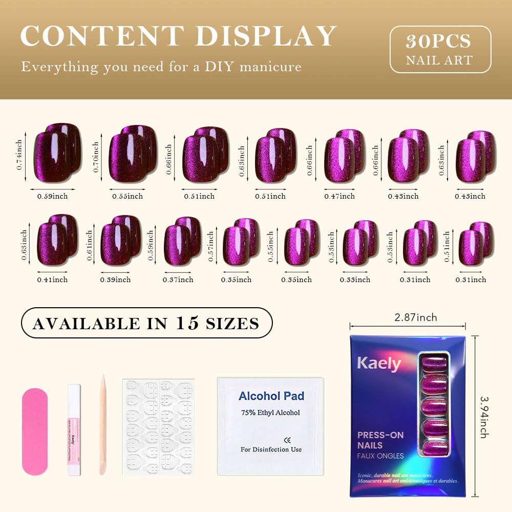evpct Purple Pink Cat Eye Extra Short Square Press on Nail, Petite Short Square Stick on Nails for Women, Purple Pink Glossy Holographic Fake Nails Reusable Gel Press on Acrylic Fake Nail with Designs