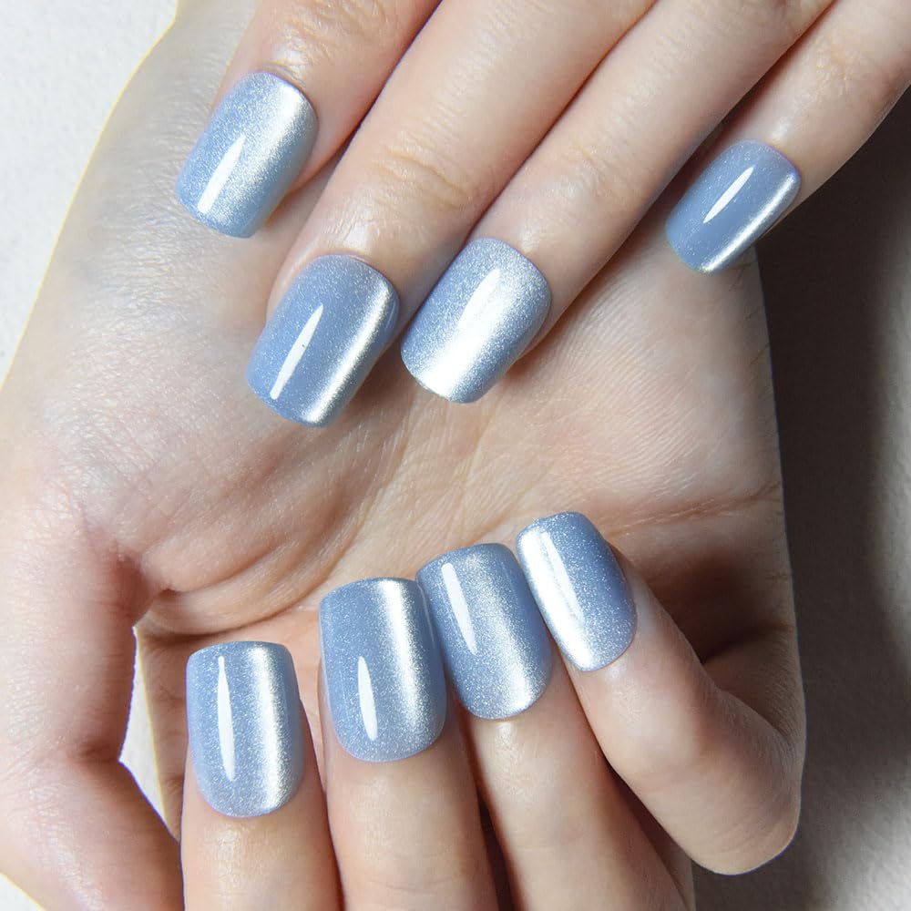 evpct Light Blue Cat Eye Short Square Press on Nails, Short Square Stick on Nails for Women, Light Blue Glitter Glossy Fake Nail Reusable Press on Acrylic Fake Nail with Holographic Cat Eye Design