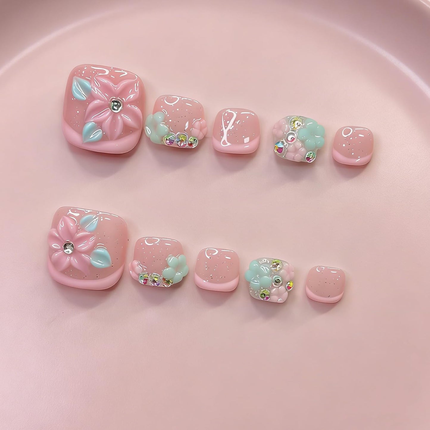 10 Pcs Handmade Luxury Press on Toenails with Handmade 3D Bling Rhinestones & Flower Designs Short Square Stick on Toe Nails Pink French Tip Fake Toe Nails for Women Manicure Decor (M)