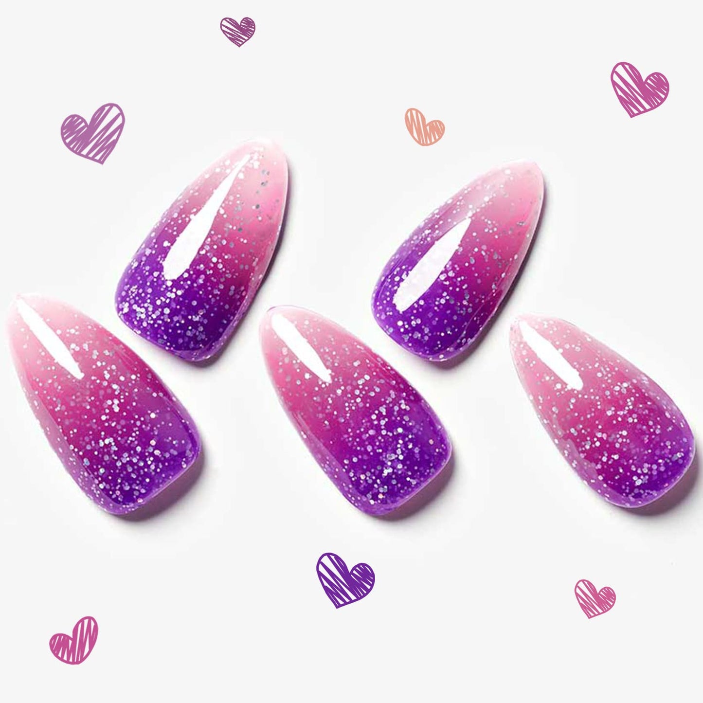 GLAMERMAID Hamdmade Thermo Press on Nails Gel Medium Almond, Glitter Purple Pink Ombre Fake Nails Short Stiletto, Pink Golden Glitter Galaxy Fake Nails Shinny Short Stiletto Shimmer Acrylic False Nail