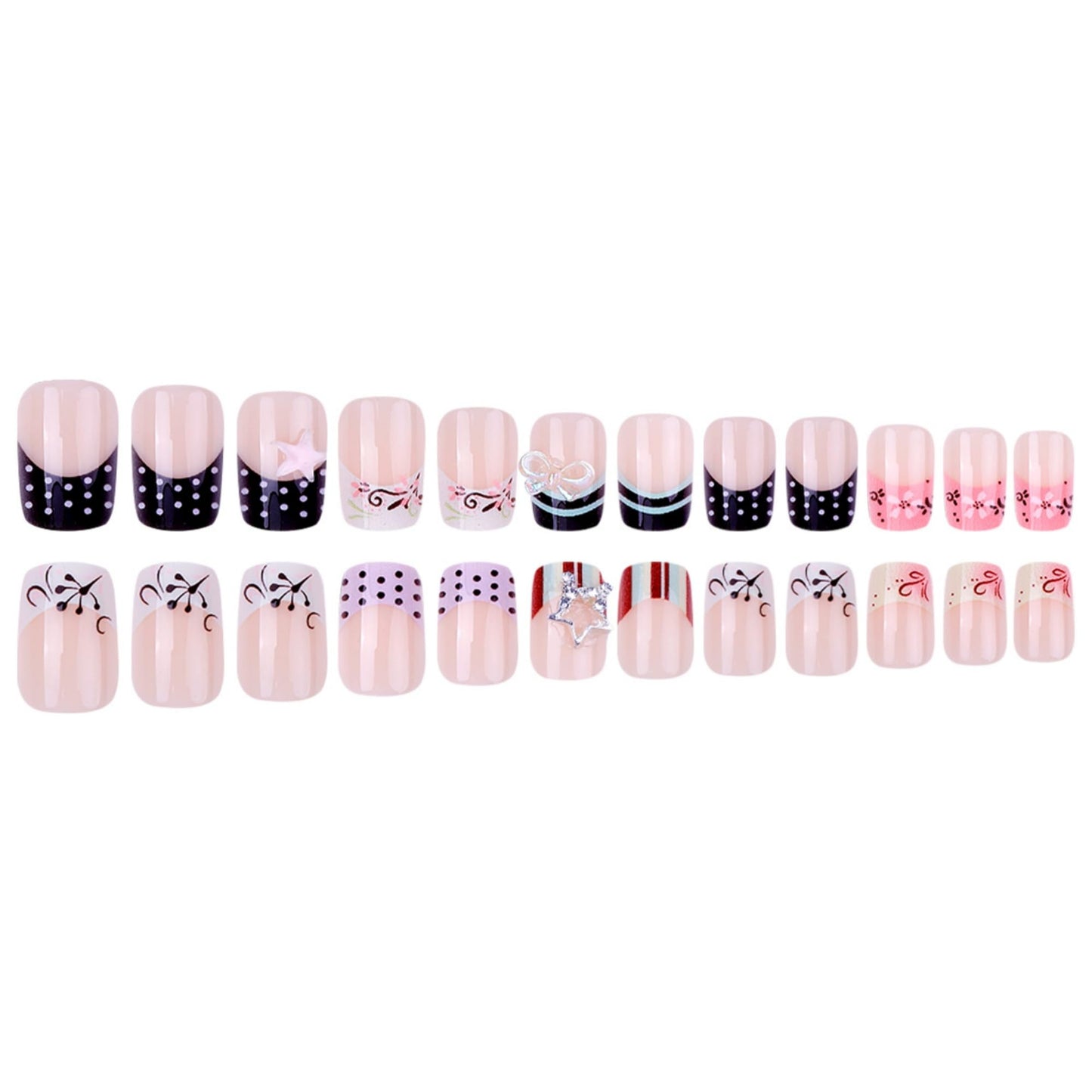 OCTOSWAVE Square Short Press on Nails with 3D Bows, Stars, Stripes & Polka Dots - 24Pcs Acrylic Fake Nails - Trendy Nail Art for Parties, Outdoors & Office
