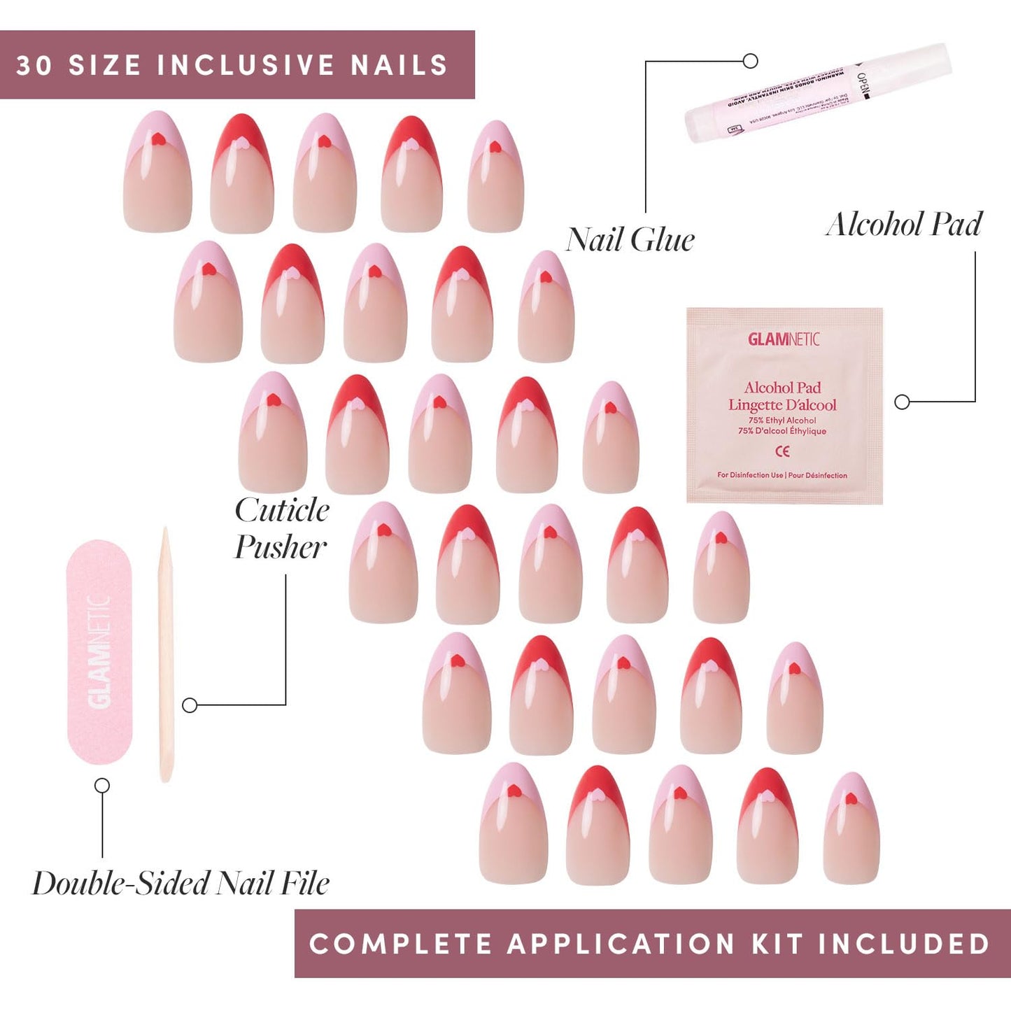 Glamnetic Press-On Nails - Pure Hearted | Short Almond Fake Nails with Heart Accents | 15 Sizes - 30 Nail Kit with Glue and Remover