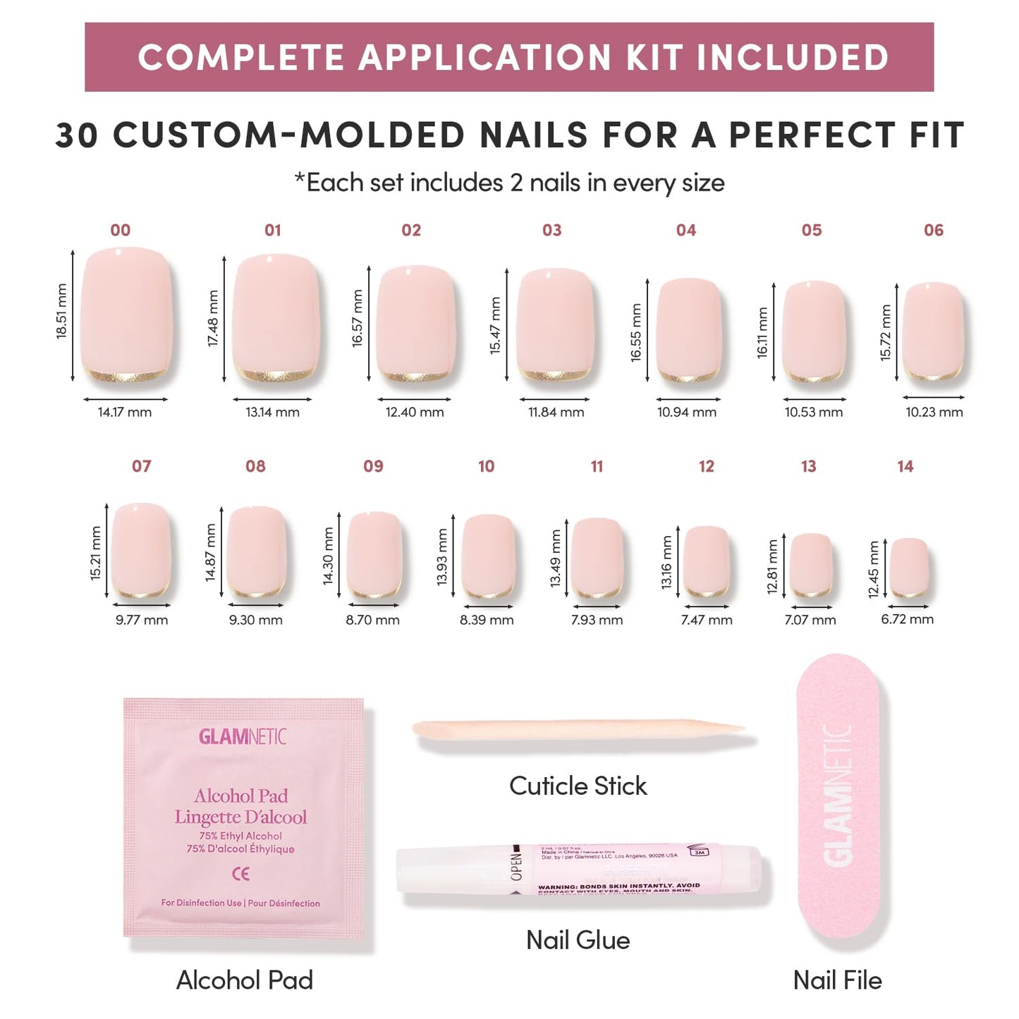 Glamnetic Press On Nails - Short Squoval Fake Nails, Nude Neutral Nails with Gold Reverse French Tip, Goal Setter | 15 Sizes - 30 Nail Kit with Glue | Gift for Mom