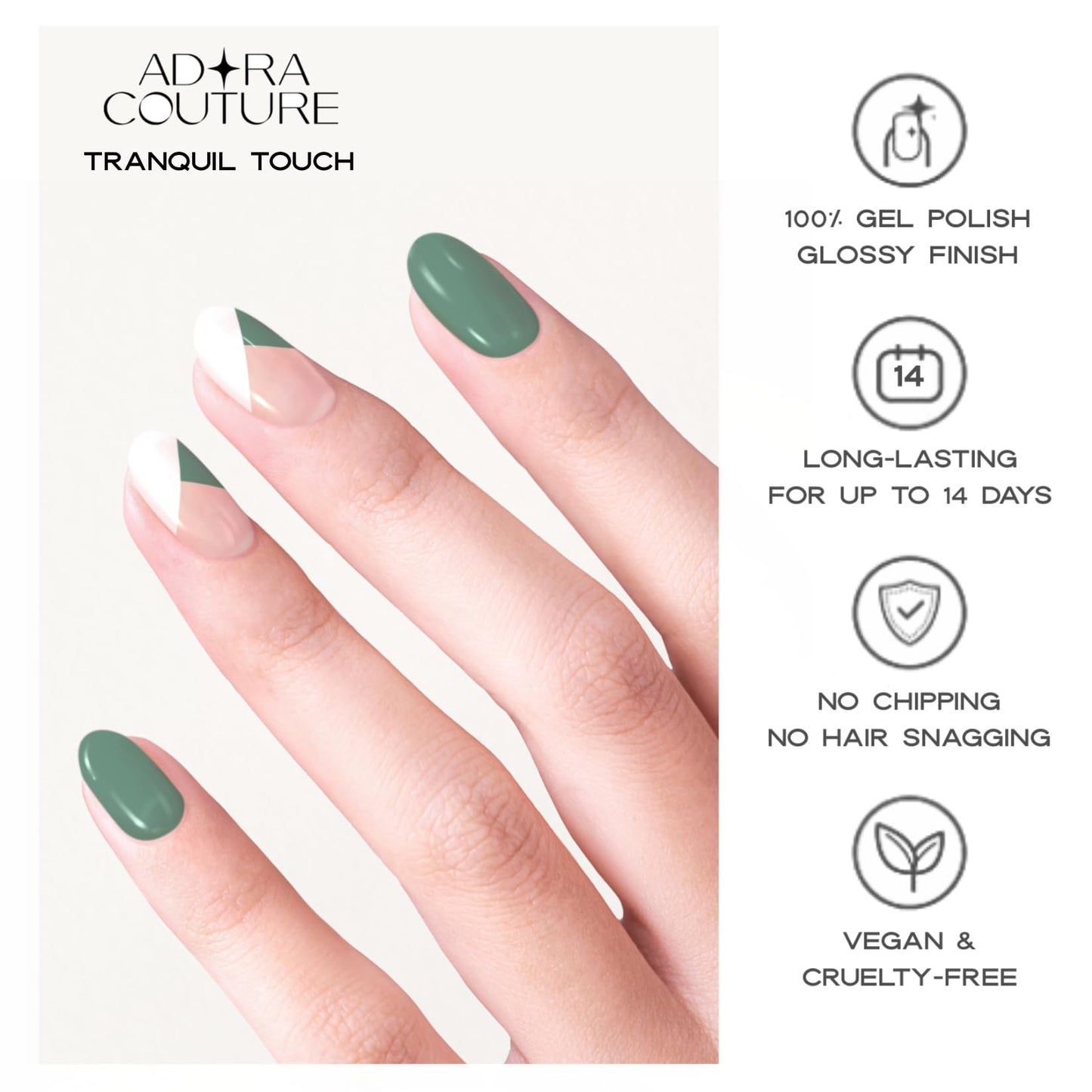 Adora Couture Semi-Cured Gel Nail Strips - 30 Salon-Quality Stickers with UV Light Required, Long Lasting, Easy Application & Removal, Includes Prep Pads, Nail File, Wooden Stick (Green French)