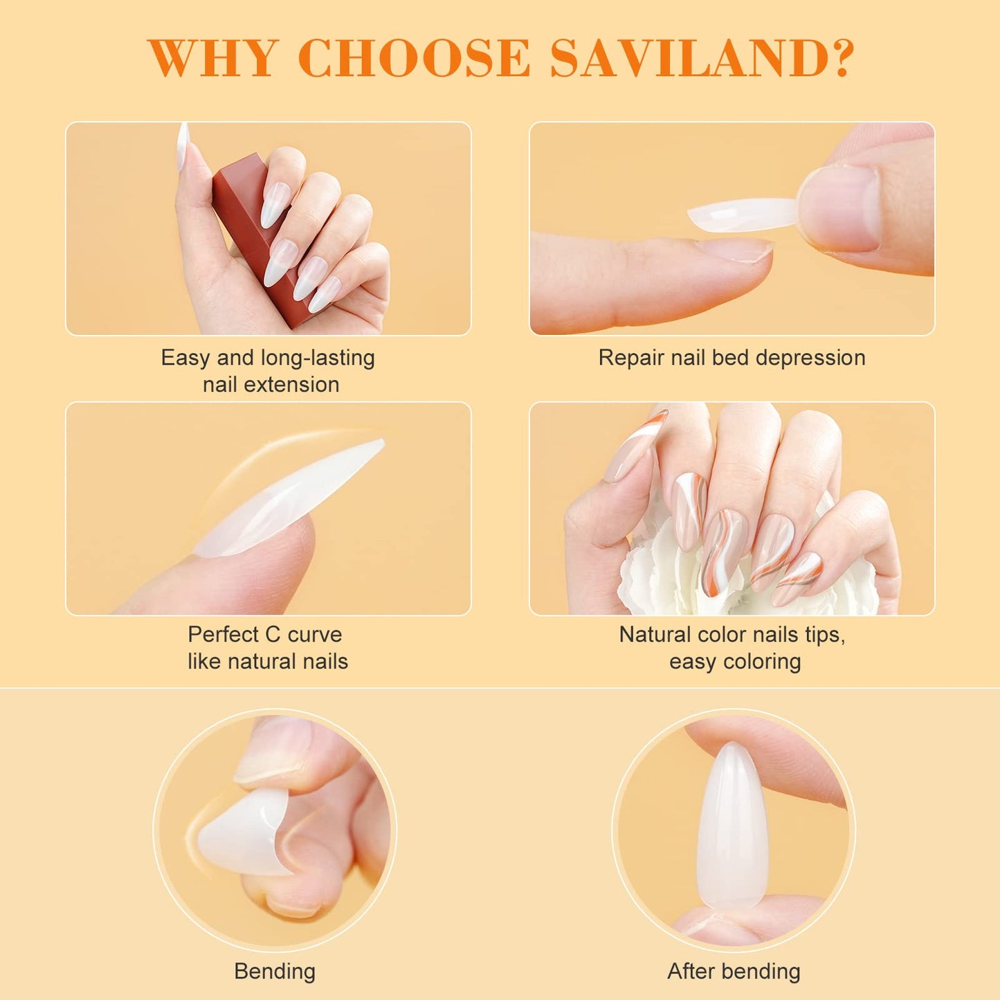 SAVILAND Gels Nail Kit Almond: Natural Nail Tips 500 Pcs and 4 In 1 Nail Glue Gel, U V/LED Nail Lamp Pre-shaped White Full Cover False Nails for Acrylic Nail Kit Nail Art DIY Salon At Home Gift