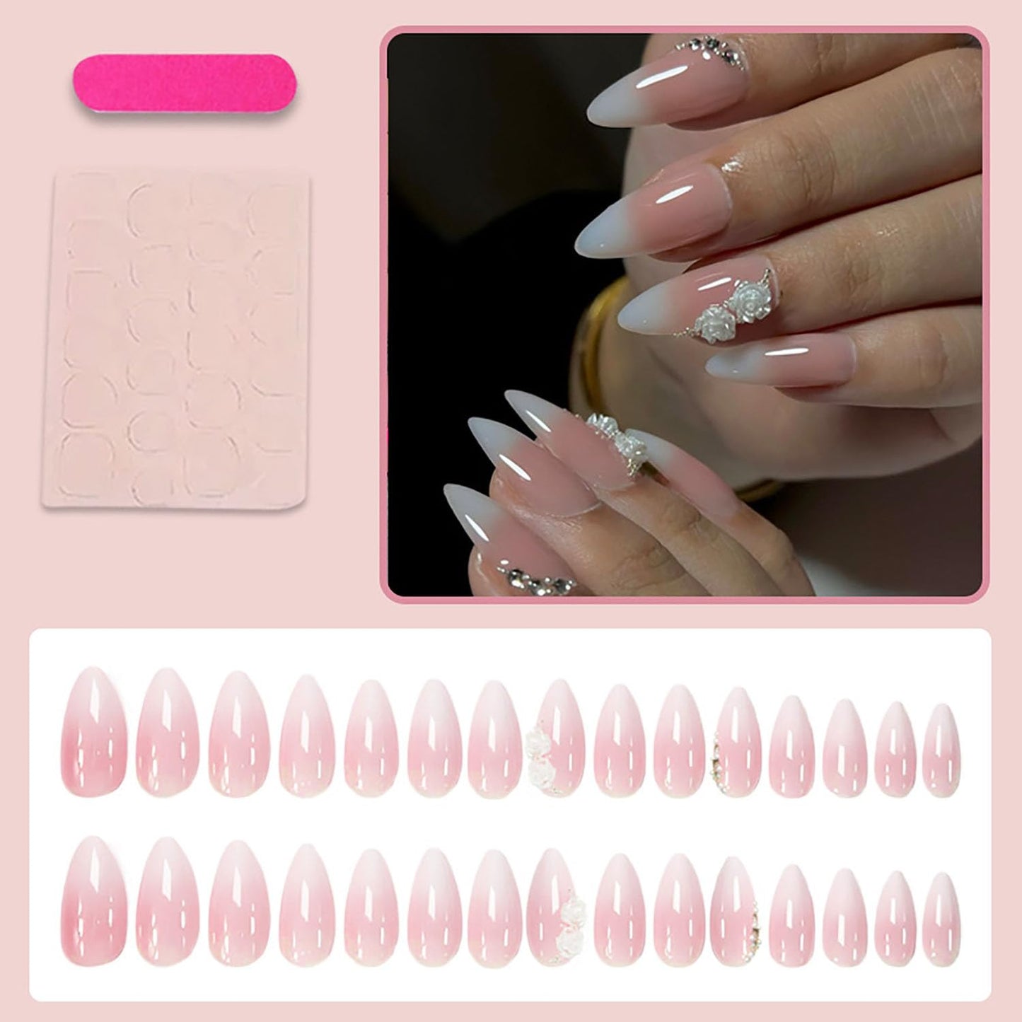 FIEONCIY Press on Almond Nails Short Length Glossy Acrylic Almond Shaped False Nails with Designs Artificial Medium Fake Nails with Charms Glue Stick on Fingernails for Women Girls(WSJ2403)