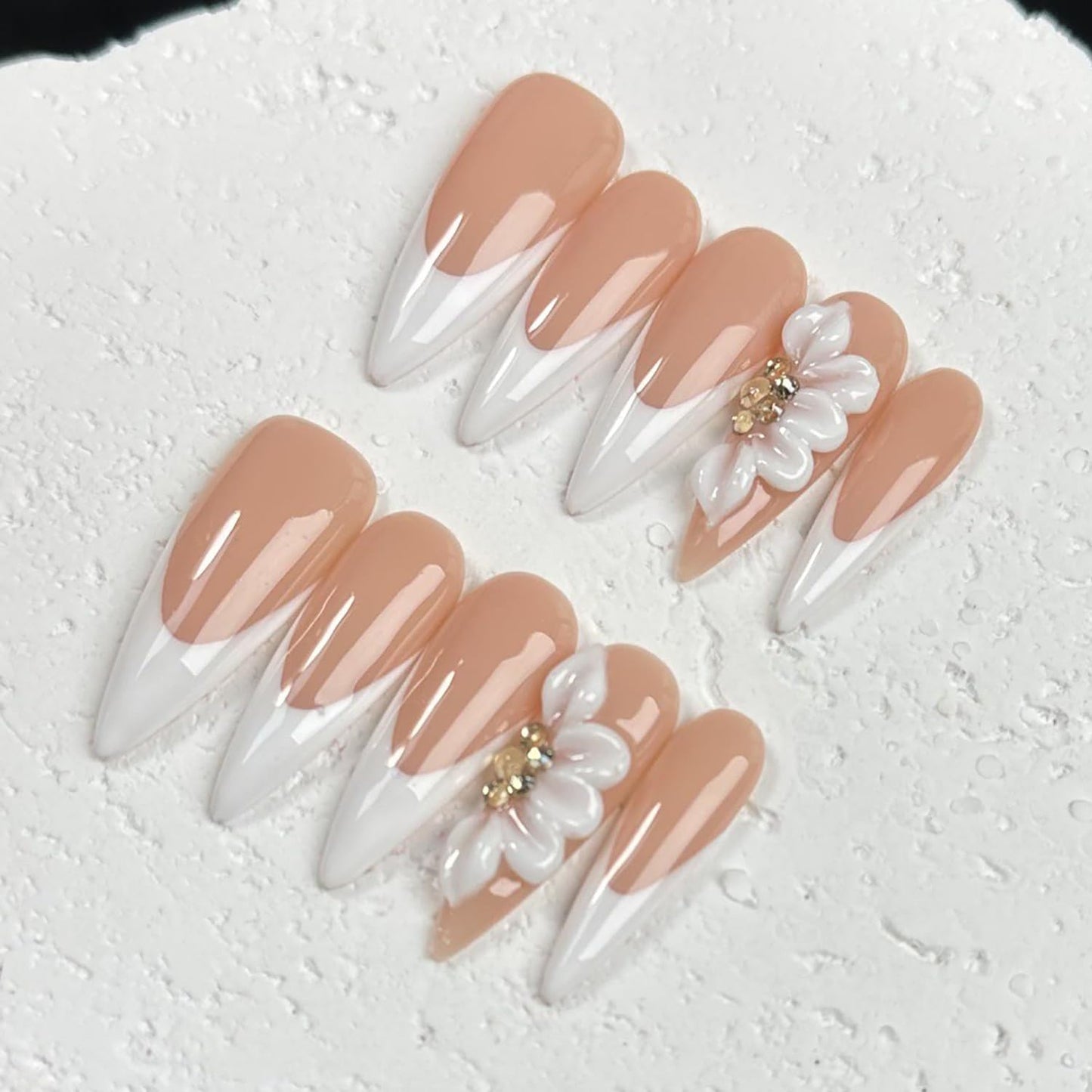 Luxury Press on Nails Long Stiletto Handmade 3D Unique Reusable ABS Material Fake Nails French Tip False Nails with Designs Rhinestones Floral Art Petal Glossy Glue on Nails Thick Acrylic Nails(S)