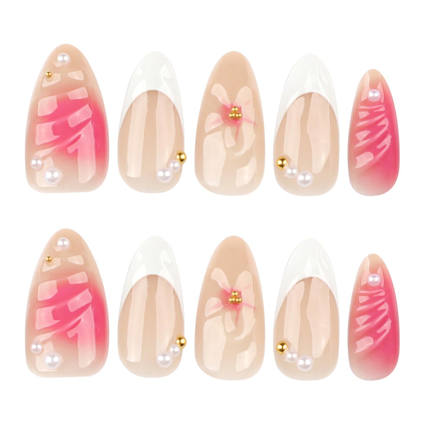 3D Pink French Press on Nails with Charms Medium Fake Nails Cute French Nails Press ons Gold Steel Balls Carved Ripple Flower Stick on Nails Almond Shape Acrylic Nails Pearl Nails for Women Daily Wear