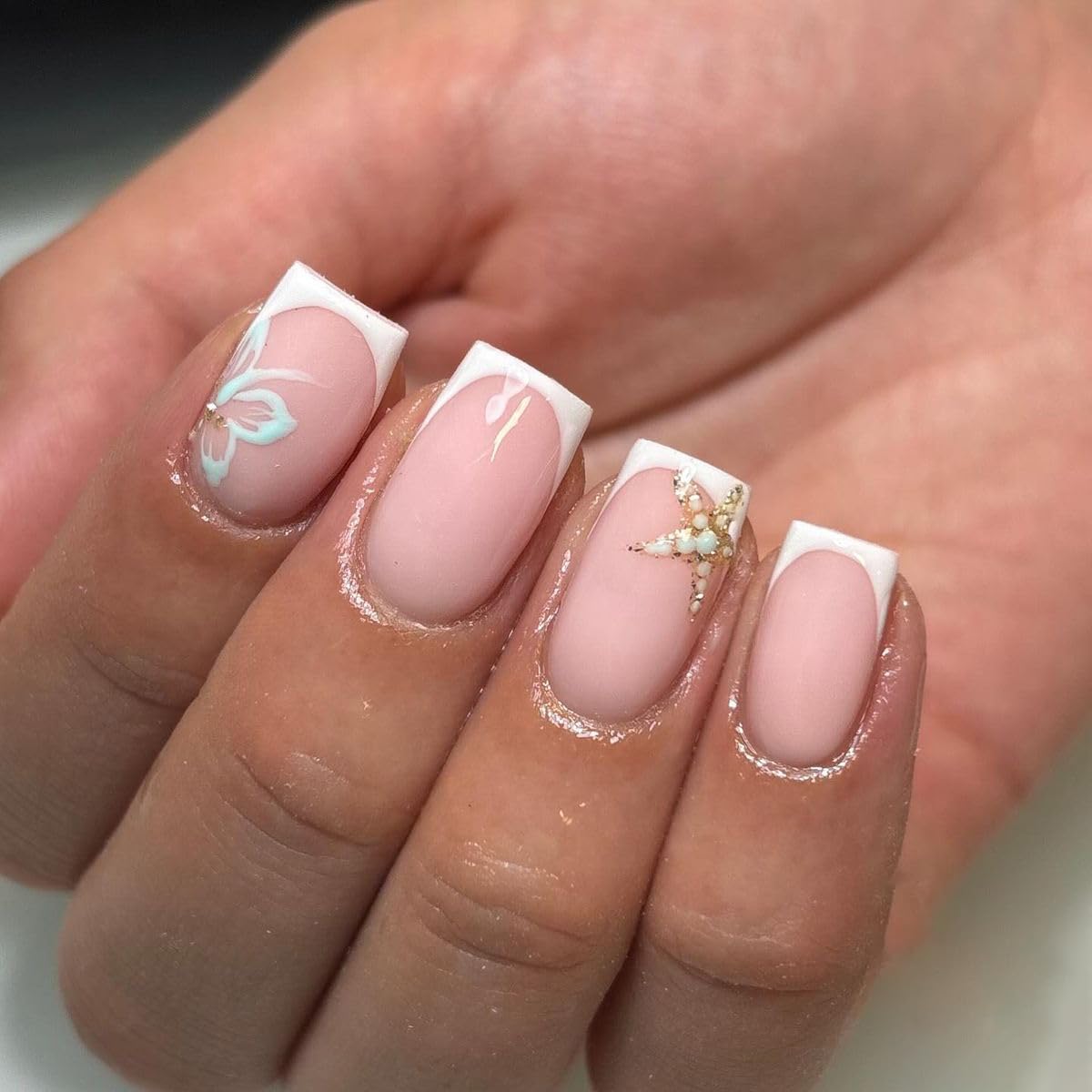 Summer Press on Nails Muti-Layer Gel Thick Handmade Press on Nails Short Square White French Tip Acrylic Nails Beach Starfish Fake Nail Designs Full Cover Ocean False Nail for Women (M)