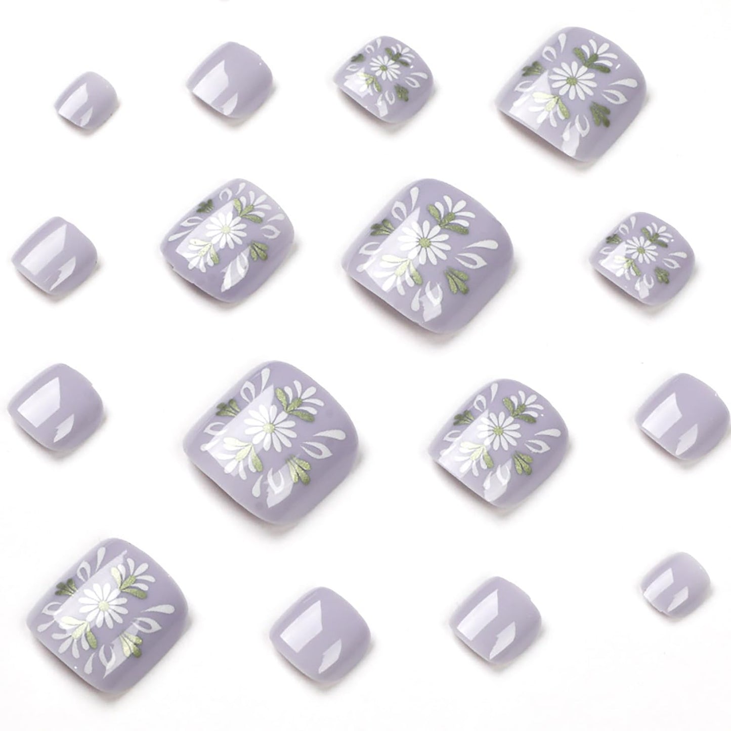 Purple Artificial Acrylic Fake Nails for Toe, Press on Toenails Coffin with Flower Daisy Designs, Full Cover Reusable False Toenails with Glue, Glue on Toe nails with Charm for Women Girls（JP1643）