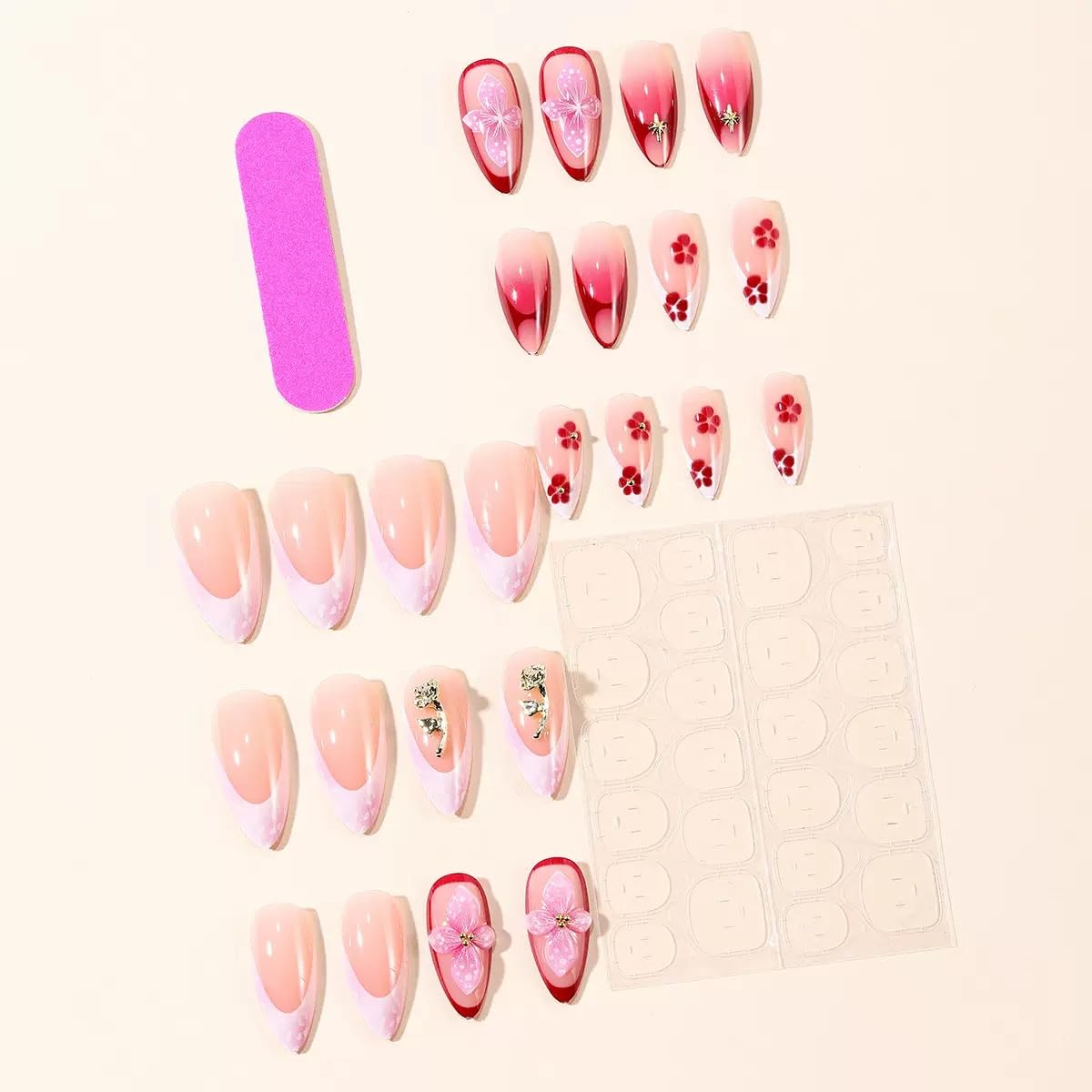 CTTHNBD Press on Medium Nails - Almond Fake Nails with Gold Floral Chrams Design - French Tip False Nails Press ons - for Women 24 Pcs