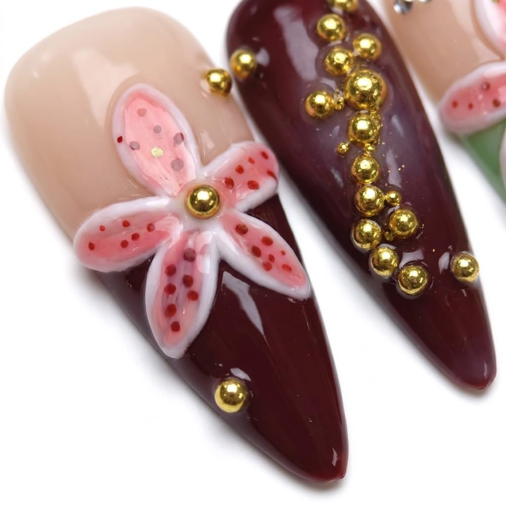 Vokupoga Long Stiletto Handmade Press on Nails French Tip Fake Nails Nude False Nails with 3D Flower Charms Designs Glossy Artificial Nails for Women 10Pcs(Size M)