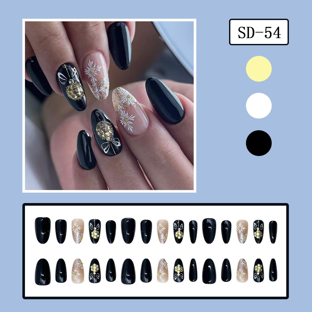 30Pcs Christmas Press on Nails Medium Almond Fake Nail with Gold Rhinestone Designs Snowflake Black False Nails for Women Winter Full Cover Holiday Glue on Nails Xmas Nail Press ons