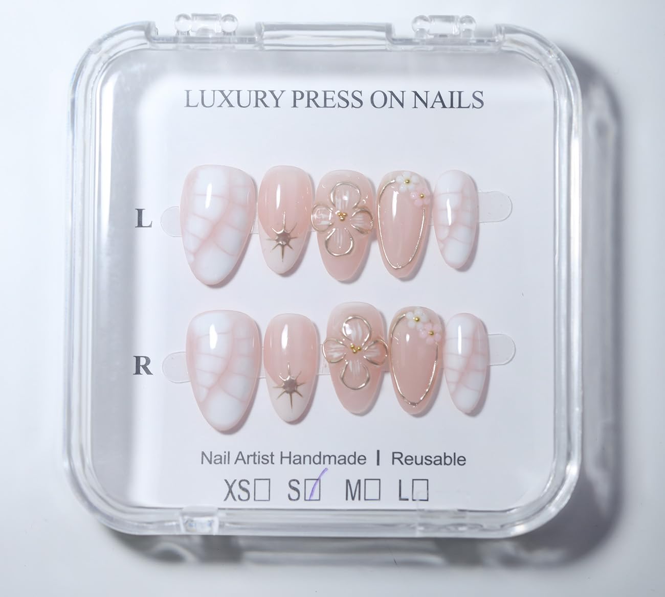 10 Short Almond Handmade Press On Nails | Blush Pink & White Snake Print Design with 3D Floral & Gold Accents | Salon-Quality Manicure, Easy Apply/Remove, Reusable & Long-Lasting (251216, XS)
