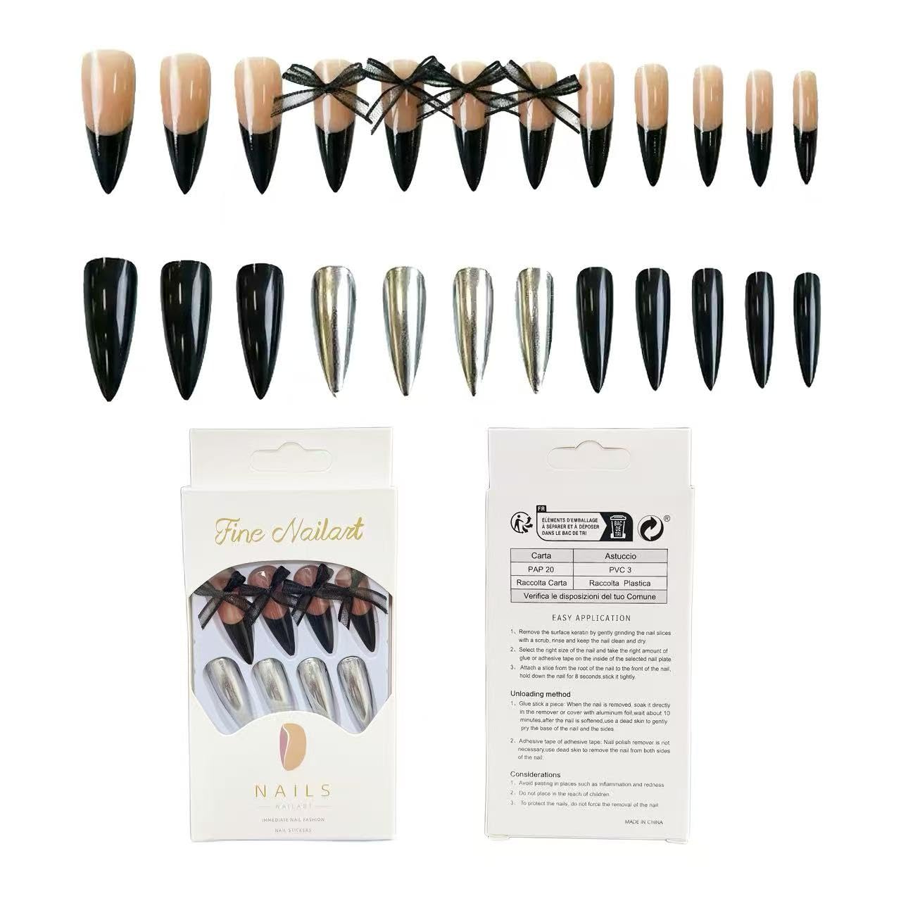 C.Z.Z.T.T.NAILS premium self-adhesive nail stickers, featuring black, gold, and nude French tip designs with bows. Includes 24 pointed, reusable press-on nails suitable for women, perfect for parties.