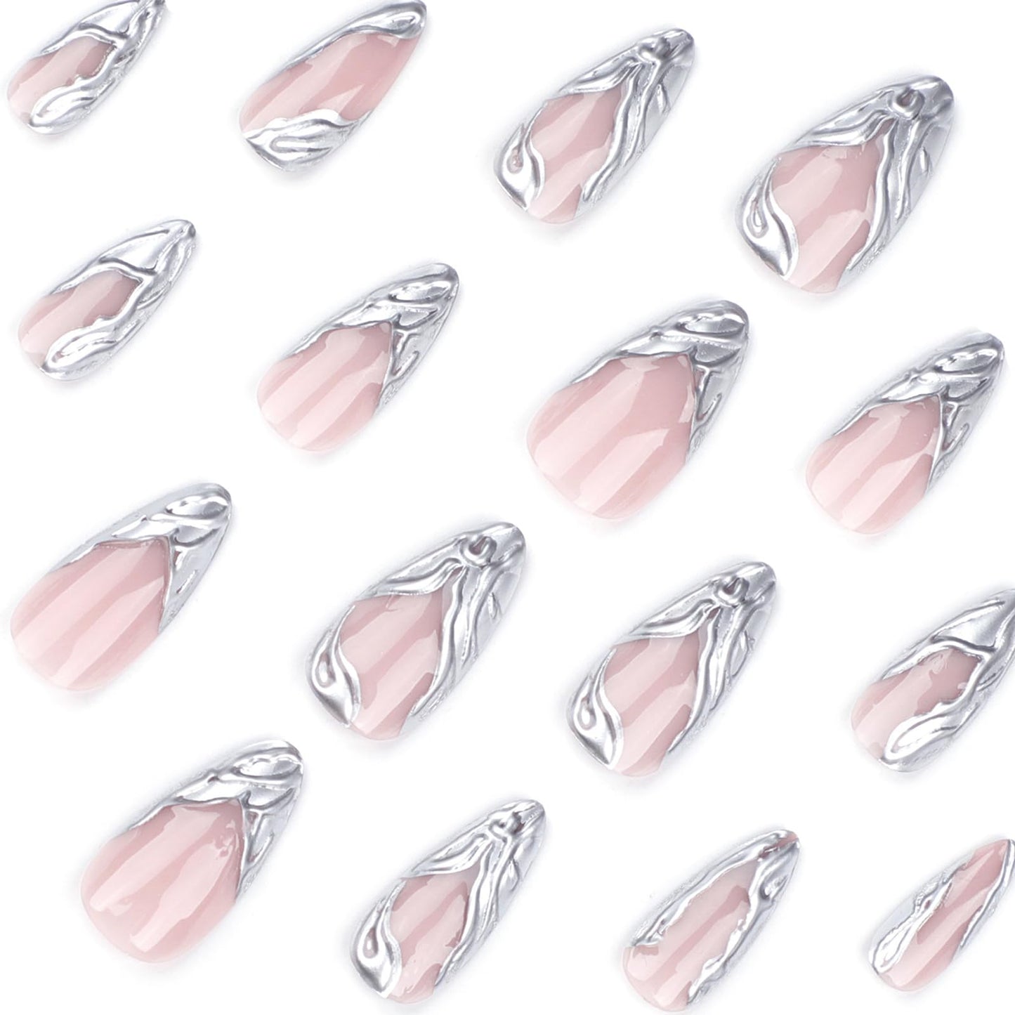 French Tip Press on Nails Long Almond Fake Nails Nude Sliver Nails with Designs Press ons Acrylic Nails False Full Cover Artificial Stick on Nails for Women Girls 24 Pcs