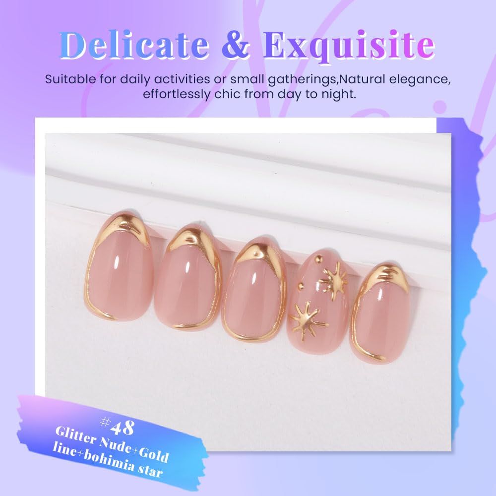 evpct Short Almond Press on Nails with French Tip & 3D Gold Line Star Design, Glossy Full Cover Acrylic False Nails with Glue, Reusable Stick - Glue on Fake Nails for Women- Fall Nail Art Gift