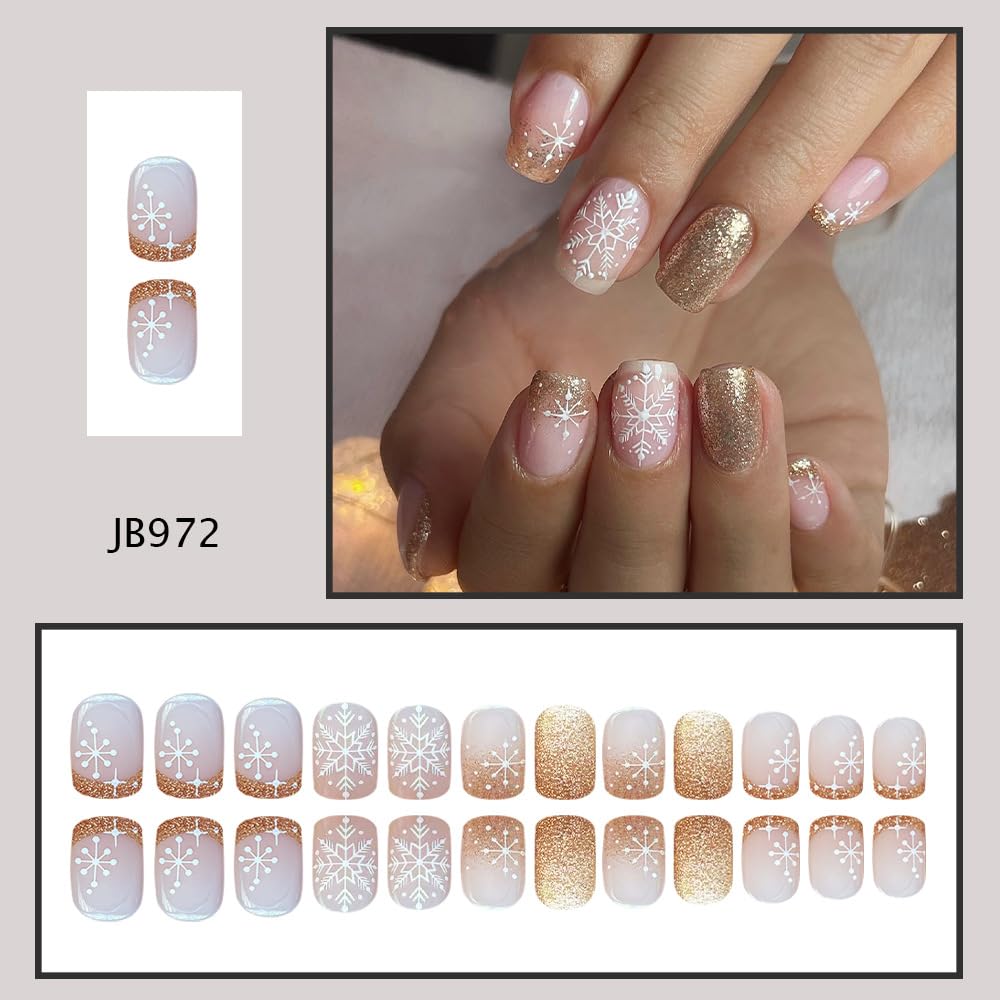 Gold French Tip Christmas Nails Short Square Fake Nails Christmas Snowflake Press on Nails with Glitter Xmas Full Cover Glue on Nail Winter False Nails for Women Holiday Manicure Kit 24Pcs