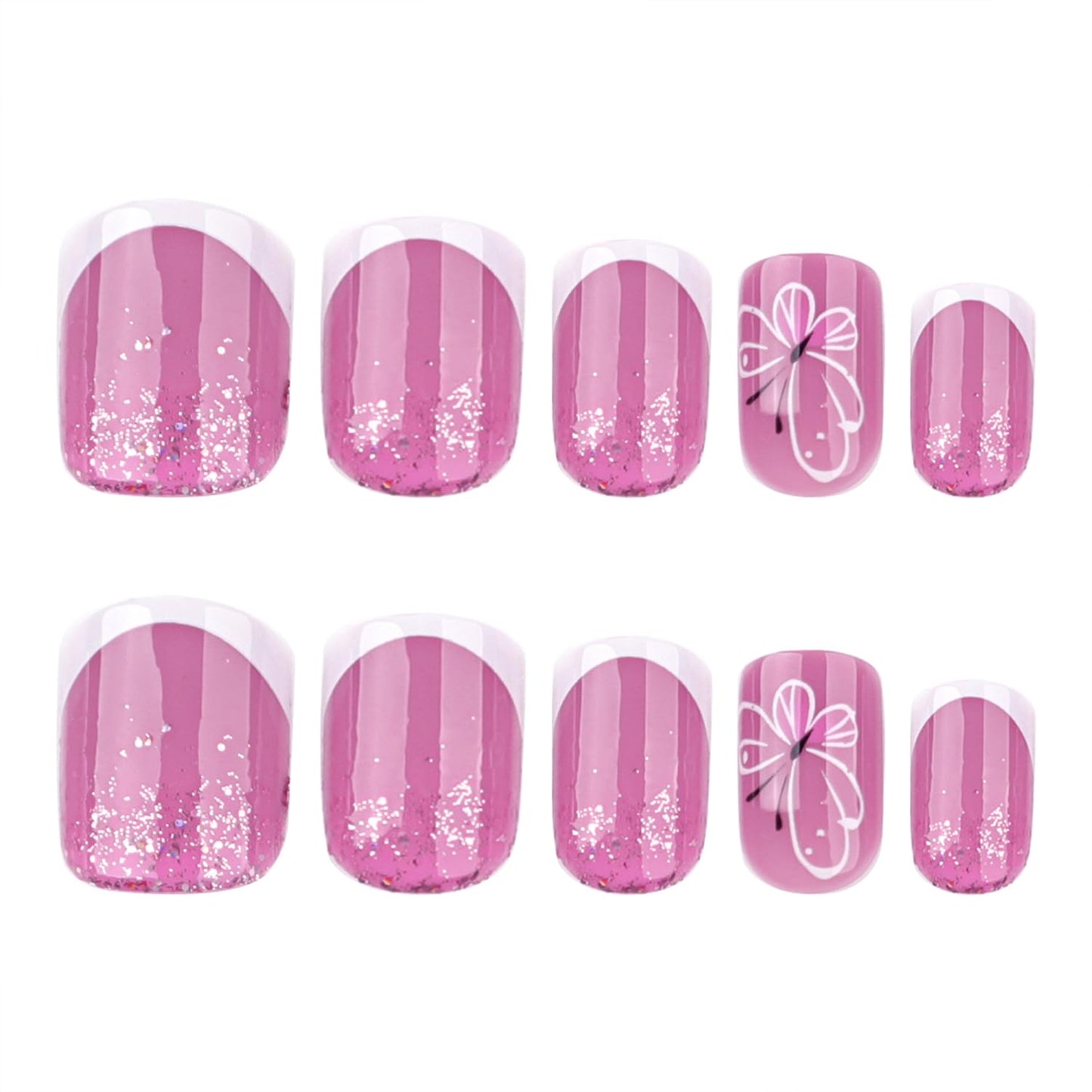 White French Tip Press on Nails Short Square Fake Nails with Butterfly Glitter Designs Summer Glue on Nail Reusable Artificial Extra Short Acrylic Full Cover Stick on Nail for Wedding Women 24 Pcs