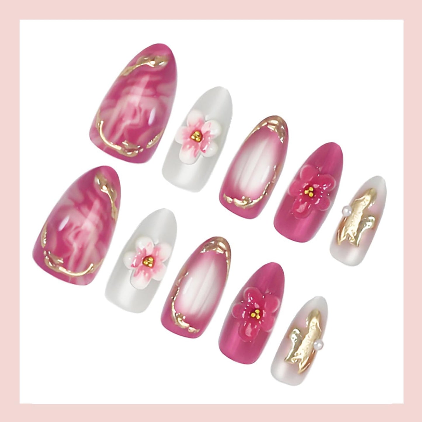 30pcs Red Gradient Flower Press on Nails Set, French Tip Fake Nail with Flower Designs Cute Floral Glue on Nails Gold French False Nail Tips Almond Stick on Nails Removable Acrylic Nail Kit for Women