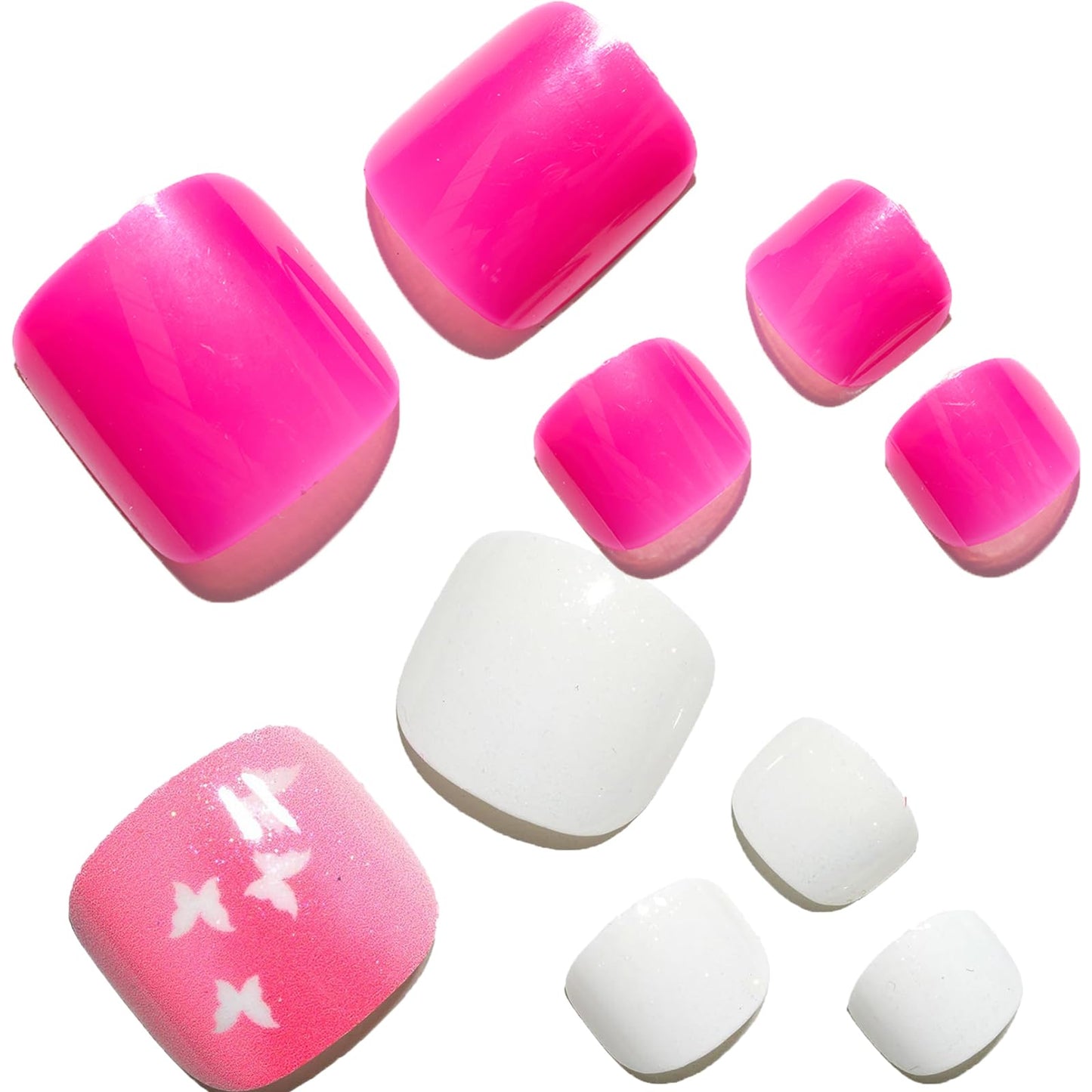 GLAMERMAID Press on Toenails,Hot Pink and Pink Butterfly Toenails Press ons,48 Pcs 2 Sets UV Glossy Glue on Toenails for Women Girls,Reusable Acrylic Stick on Toenails for Spring Summer