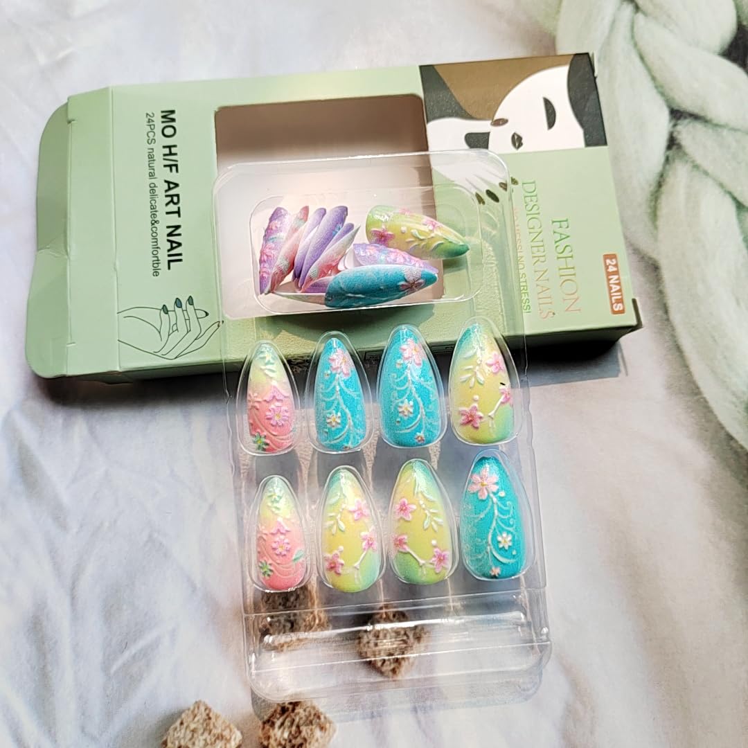 24Pcs Medium Almond Fake Nails Floral Macaron Press on Nails with Colorful Flowers Designs Spring Summer Nails Glue on Acrylic False Nail Full Cover Glossy Stick on Nail for Women Manicure Kit